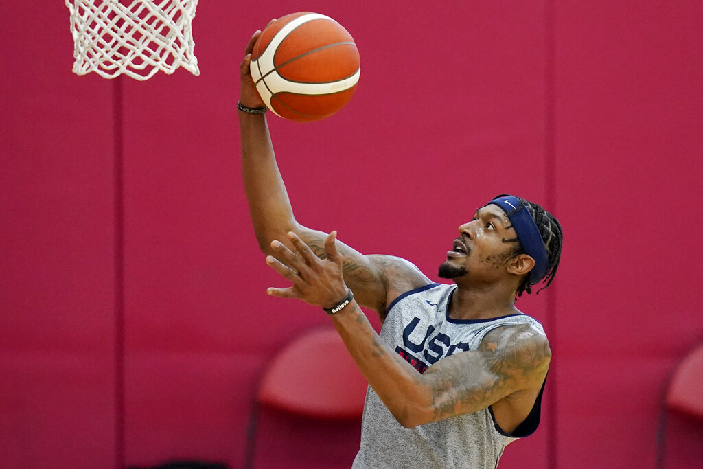 Bradley Beal shoots during practice for USA Basketball, Tuesday, July 6, 2021, in Las Vegas. (AP Photo/John Locher)