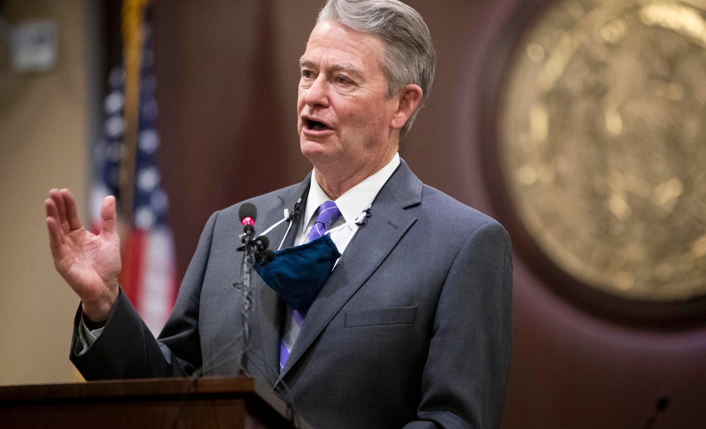 FILE - Idaho Gov. Brad Little gestures during a press conference at the Statehouse in Boise, Idaho, on Oc. 1, 2020. Little has signed a bill criminalizing gender-affirming medical care for transgender youth on Tuesday, April 4, 2023. (Darin Oswald/Idaho Statesman via AP, File)