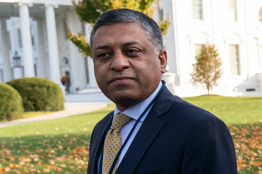 FILE - Dr. Rahul Gupta, the director of the White House Office of National Drug Control Policy, walks outside of the White House, Nov. 18, 2021, in Washington. The U.S. has named a veterinary tranquilizer as an “emerging threat” when it is mixed with the opioid fentanyl, clearing the way for more efforts to stop the spread of xylazine and develop an antidote. The Office of National Drug Control Policy announced the designation Wednesday, April 12, 2023. (AP Photo/Alex Brandon, File)