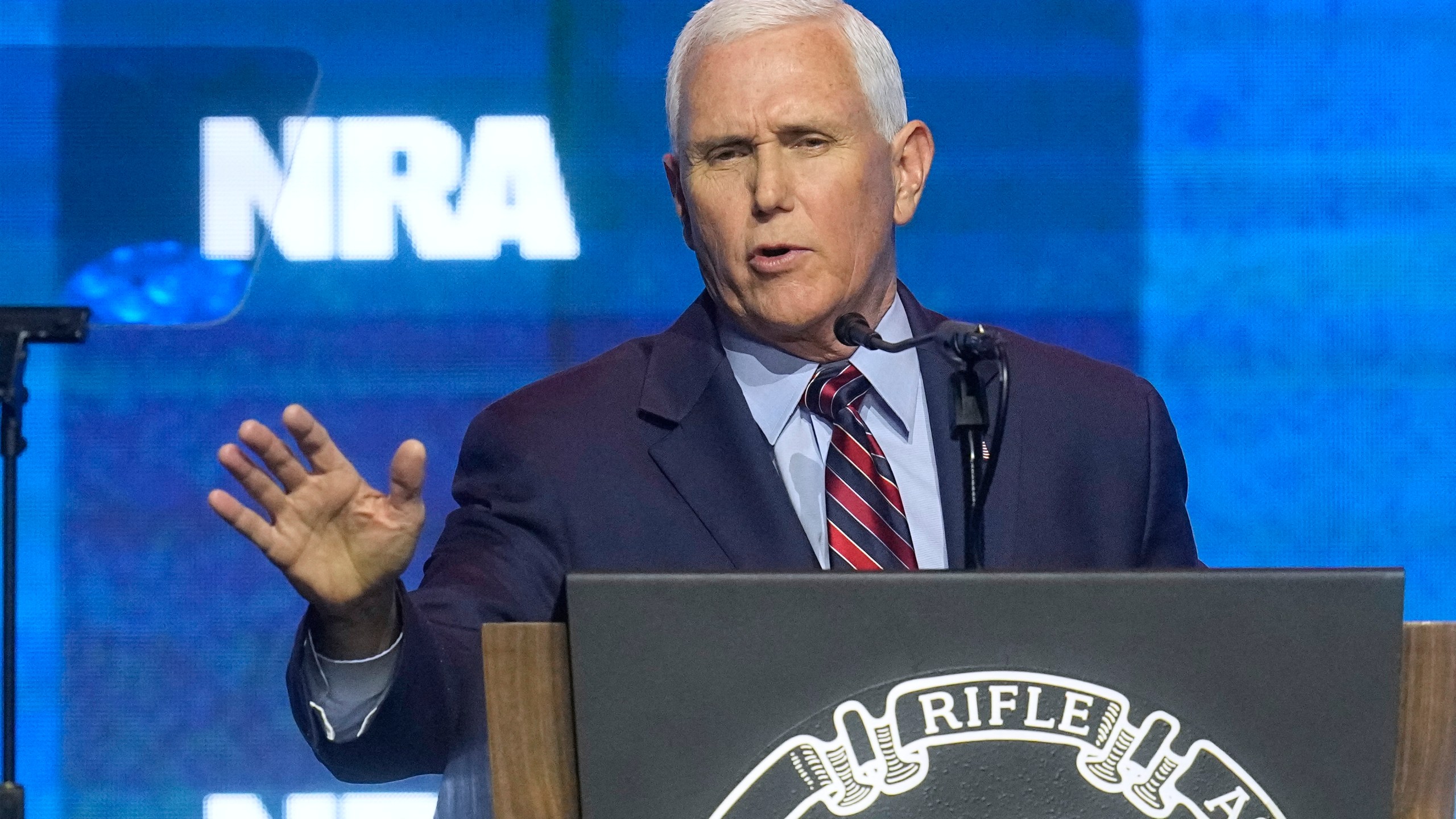 Former Vice President Mike Pence speaks during at the National Rifle Association Convention, Friday, April 14, 2023, in Indianapolis. (AP Photo/Darron Cummings)