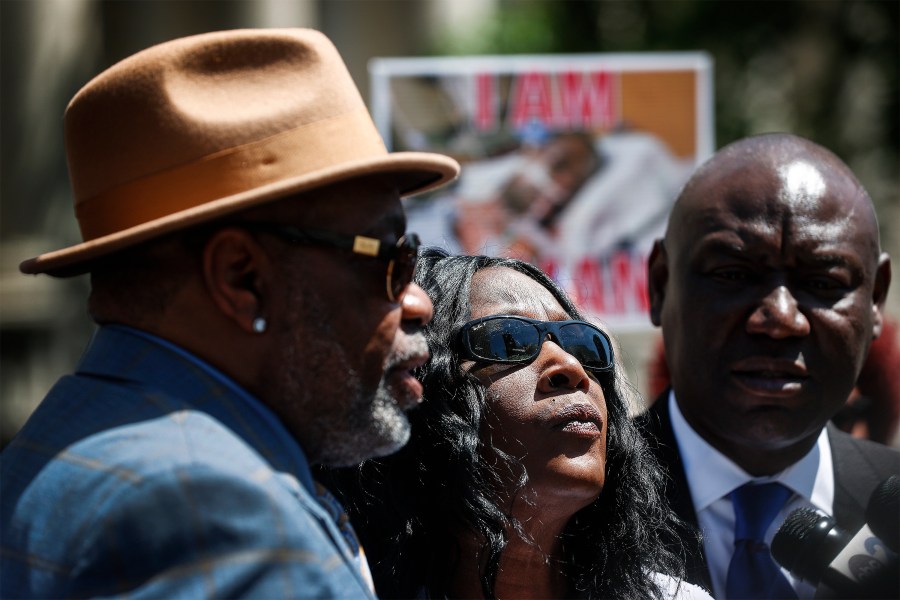 Rodney and RowVaughn Wells, the parents of Tyre Nichols, listen during a news conference about a lawsuit filed against the city of Memphis and police officers, Wednesday April 19, 2023 in Memphis, Tenn. The family of Tyre Nichols, who died after a brutal beating by five Memphis police officers, sued the officers and the city of Memphis on Wednesday, blaming them for his death and accusing officials of allowing a special unit’s aggressive tactics to go unchecked despite warning signs. (Mark Weber/Daily Memphian via AP)