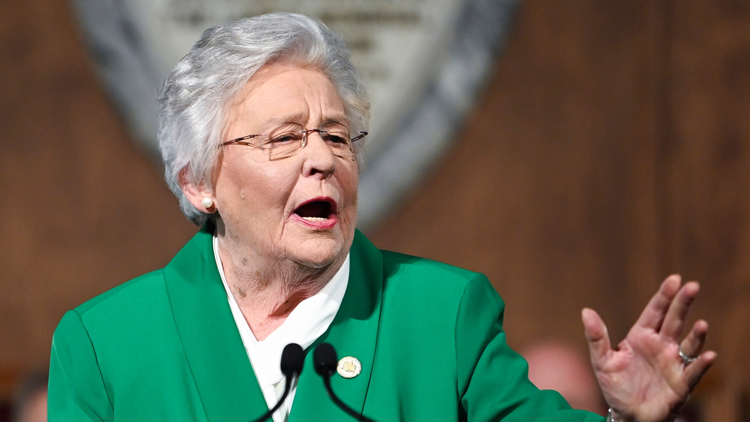 FILE - Alabama Gov. Kay Ivey delivers her State of the State address, Tuesday, March 7, 2023, in Montgomery, Ala. Alabama Gov. Kay Ivey on Friday, April 21, 2023 announced she replaced her director of early childhood education over the use of a teacher training book, written by a nationally recognized education group, that the Republican governor denounced as teaching “woke concepts" because of language about inclusion and structural racism.(AP Photo/Julie Bennett, File)