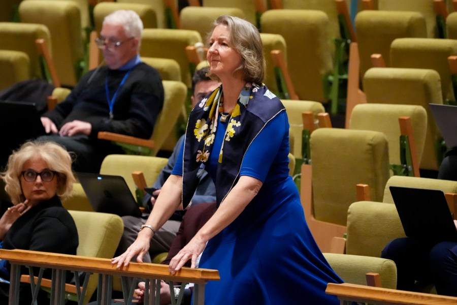 Elizabeth Whelan, the sister of Paul Whelan, an American who has been detained in Russia for more than four years, stands in the gallery upon request from current speaker Linda Thomas-Greenfield, United States Ambassador to the United Nations, during a meeting of the U.N. Security Council headed by Russia's foreign minister Sergey Lavrov, serving as president of the council, Monday, April 24, 2023, at United Nations headquarters. (AP Photo/John Minchillo)