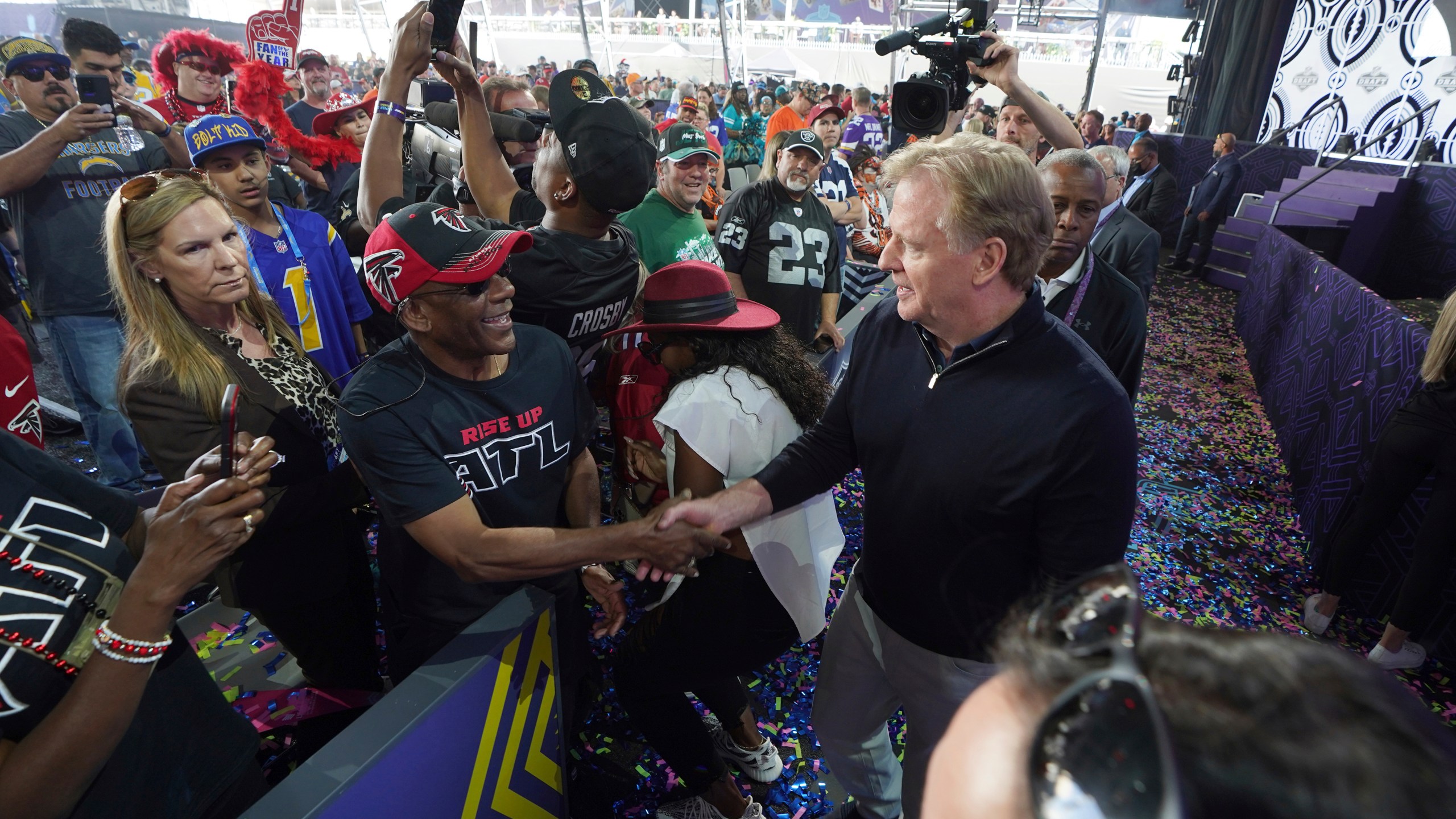 FILE - NFL Commissioner Roger Goodell interacts with fans during the 2022 NFL Draft in Las Vegas, Saturday, April 30, 2022. Despite opposition from the major sports leagues, the high court overturned a federal law – the 1992 Professional Amateur Sports Protection Act – that had barred betting on football, basketball, baseball and other sports in most states. (AP Photo/Doug Benc, File)