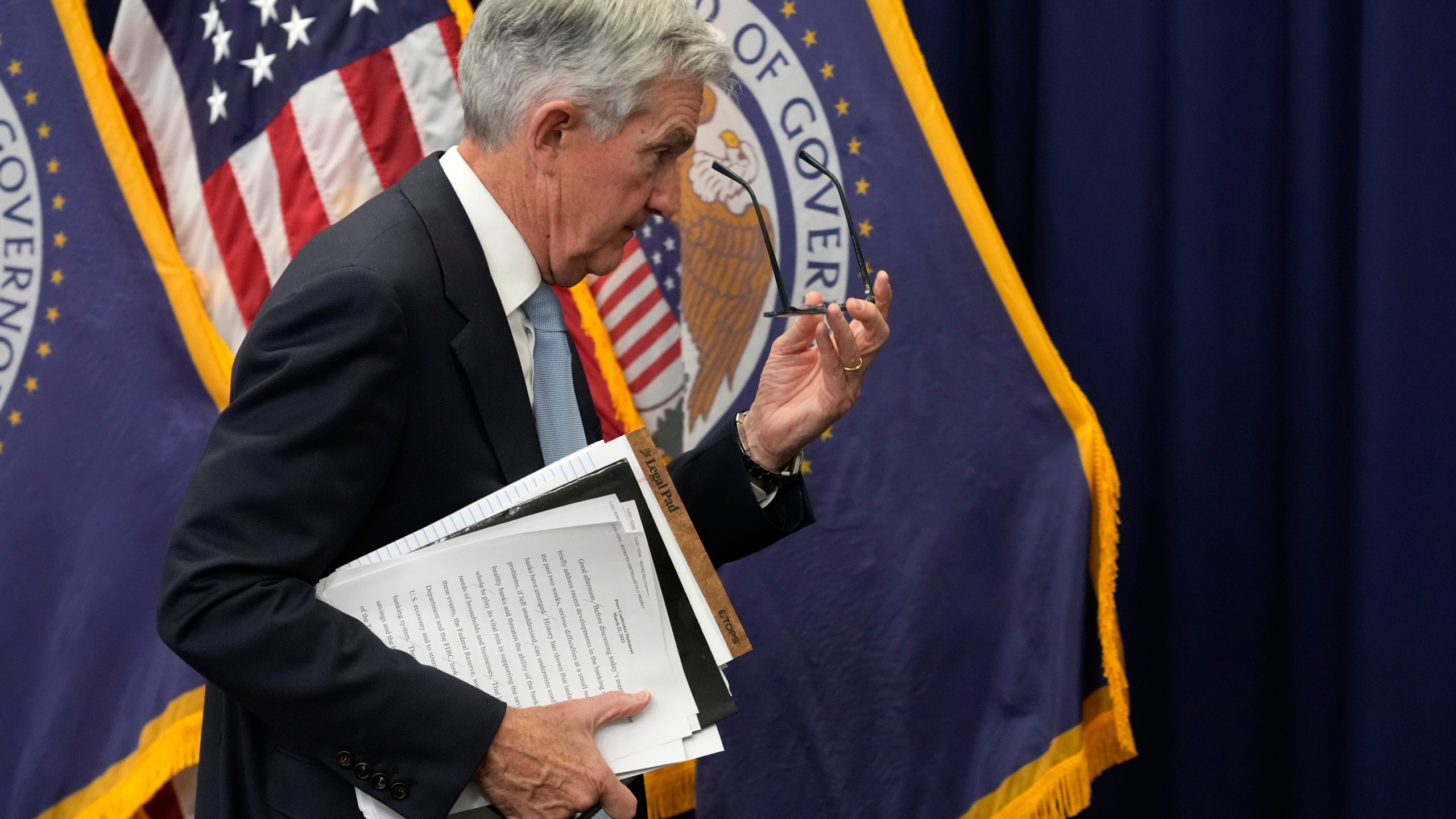 File - Federal Reserve Board Chair Jerome Powell walks from the podium after speaking at a news conference at the Federal Reserve, Wednesday, March 22, 2023, in Washington. The Fed's interest rate decision, announced on Wednesday, comes against the backdrop of both still-high inflation and the persistent turmoil in the banking industry. (AP Photo/Alex Brandon, File)