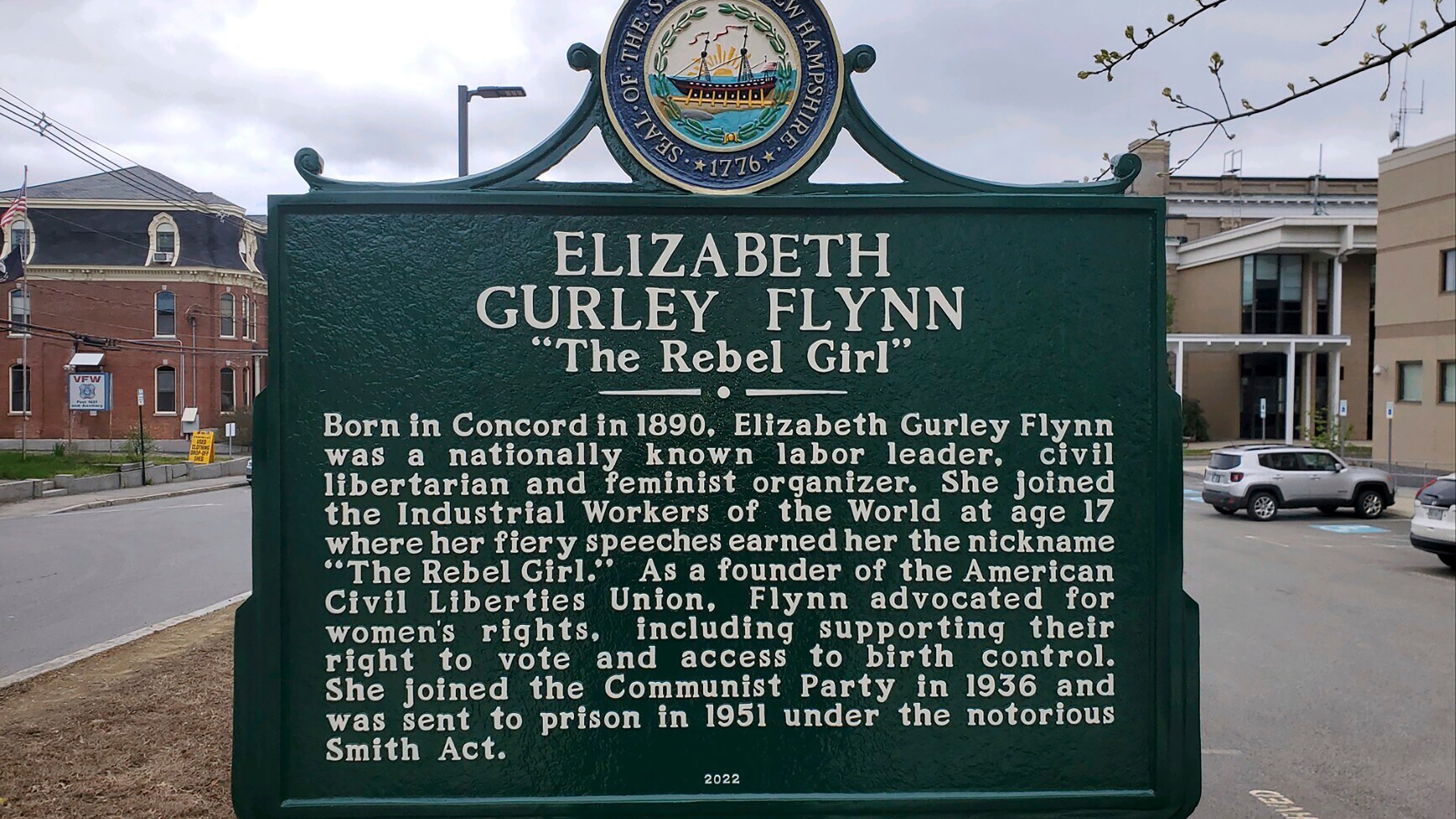 A historical marker dedicated to Elizabeth Gurley Flynn stands in Concord, New Hampshire, May 5, 2023. She was born in the city and became a labor activist who later joined the Communist Party and was sent to prison. New Hampshire Gov. Chris Sununu is calling for a review of the state's historical marker program after two government officials objected to Flynn's marker. (Kathy McCormack via AP)