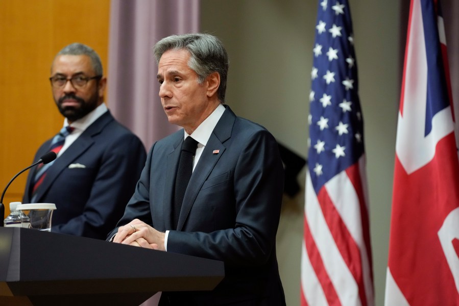 Secretary of State Antony Blinken speaks alongside British Foreign Secretary James Cleverly during a joint press conference, Tuesday, May 9, 2023, at the U.S. State Department in Washington. (AP Photo/Patrick Semansky)