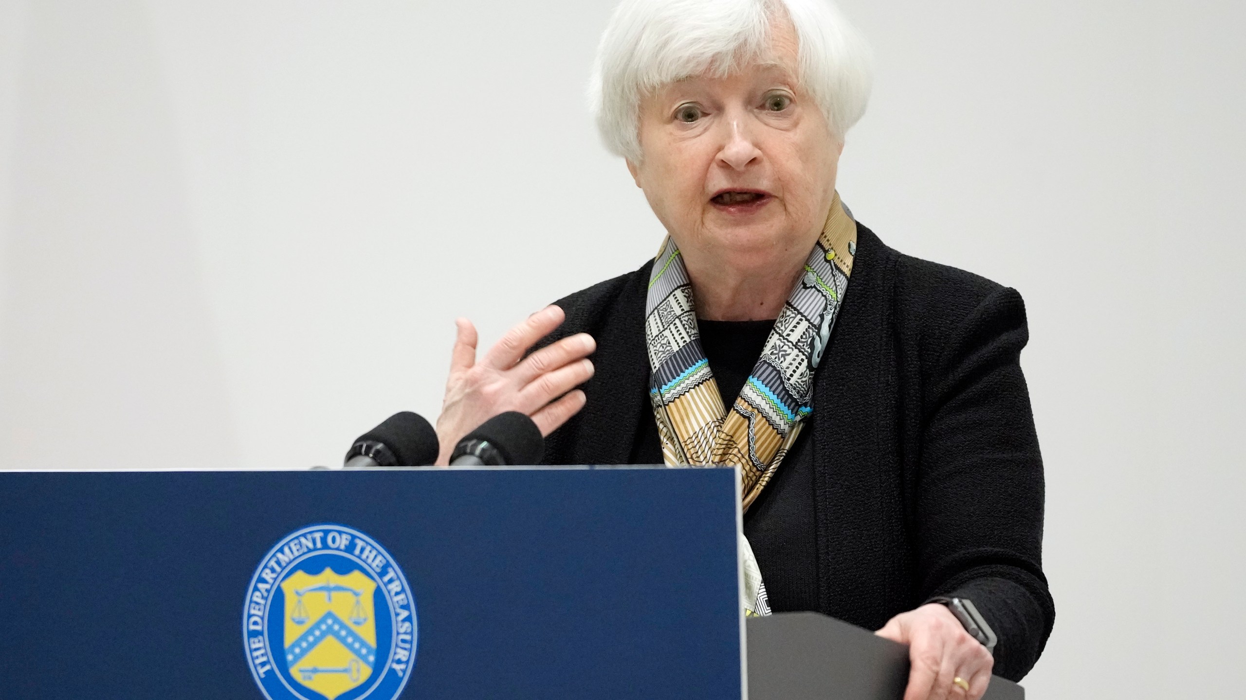 U.S. Treasury Secretary Janet Yellen takes questions from journalists during a press conference, at the G7 meeting of Finance Ministers and Central Bank Governors, at Toki Messe in Niigata, Japan, Thursday, May 11, 2023. (AP Photo/Shuji Kajiyama, Pool)