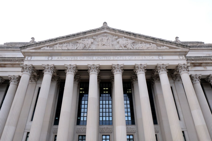 FILE - The north face of the Archives of the United States is seen in this general view March 11, 2019, in Washington. The National Archives has been called more than 80 times in the past decade-plus about classified materials found in the papers of former members of Congress and other U.S. officials, according to newly released congressional testimony. That figure underscores the weaknesses in how the U.S. government tracks and safeguards its most important secrets (AP Photo/Mark Tenally, File)