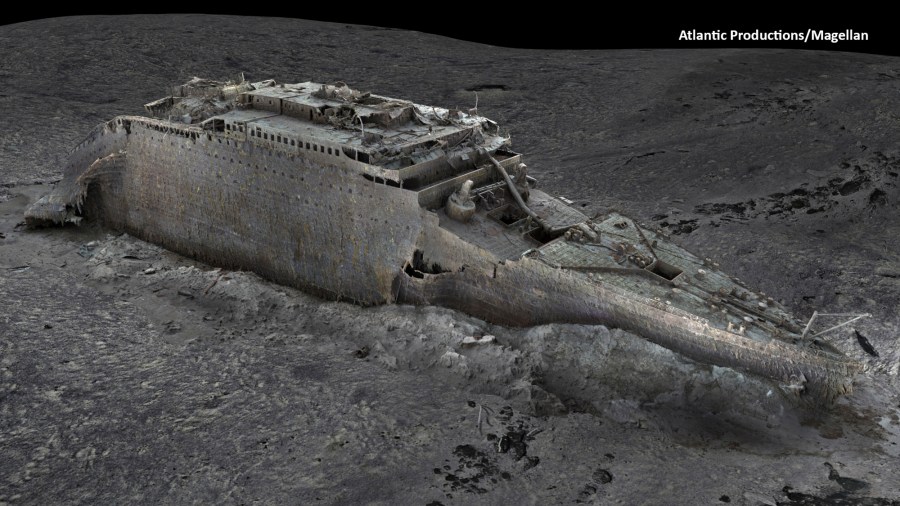 In this grab taken from a digital scan released by Atlantic/Magellan on Thursday, May 18, 2023, a view of the bow of the Titanic, in the Atlantic Ocean created using deep-sea mapping. Deep-sea researchers have completed the first full-size digital scan of the Titanic wreck, showing the entire relic in unprecedented detail and clarity, the companies behind a new documentary on the wreck said Thursday. (Atlantic/Magellan via AP)