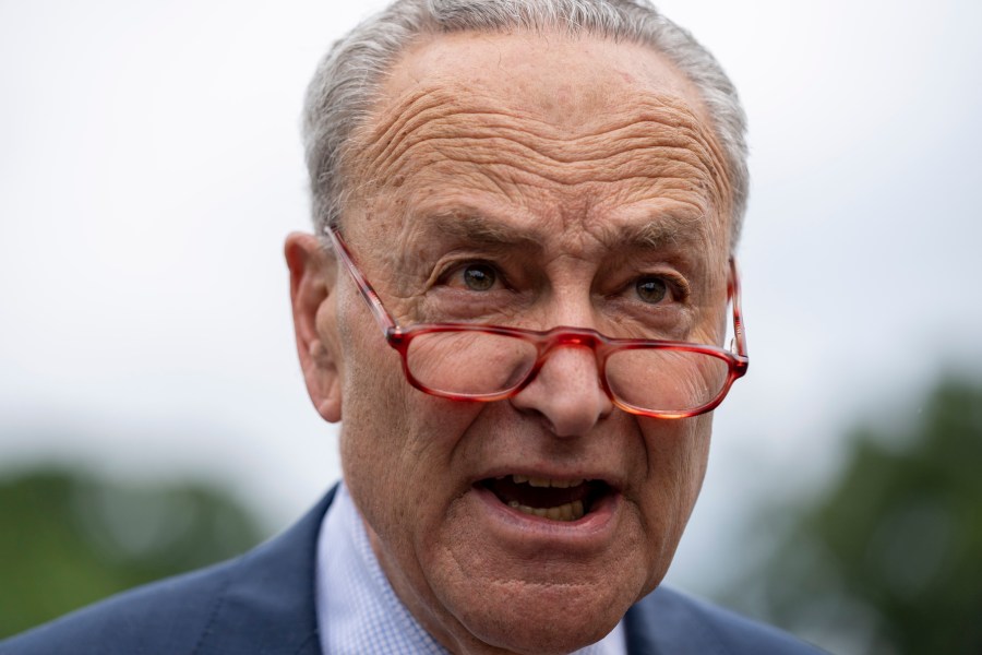 Senate Majority Leader Chuck Schumer of N.Y., speaks with reporters on Capitol Hill after returning from a debt ceiling meeting at the White House, Tuesday, May 16, 2023, in Washington. (AP Photo/Alex Brandon)