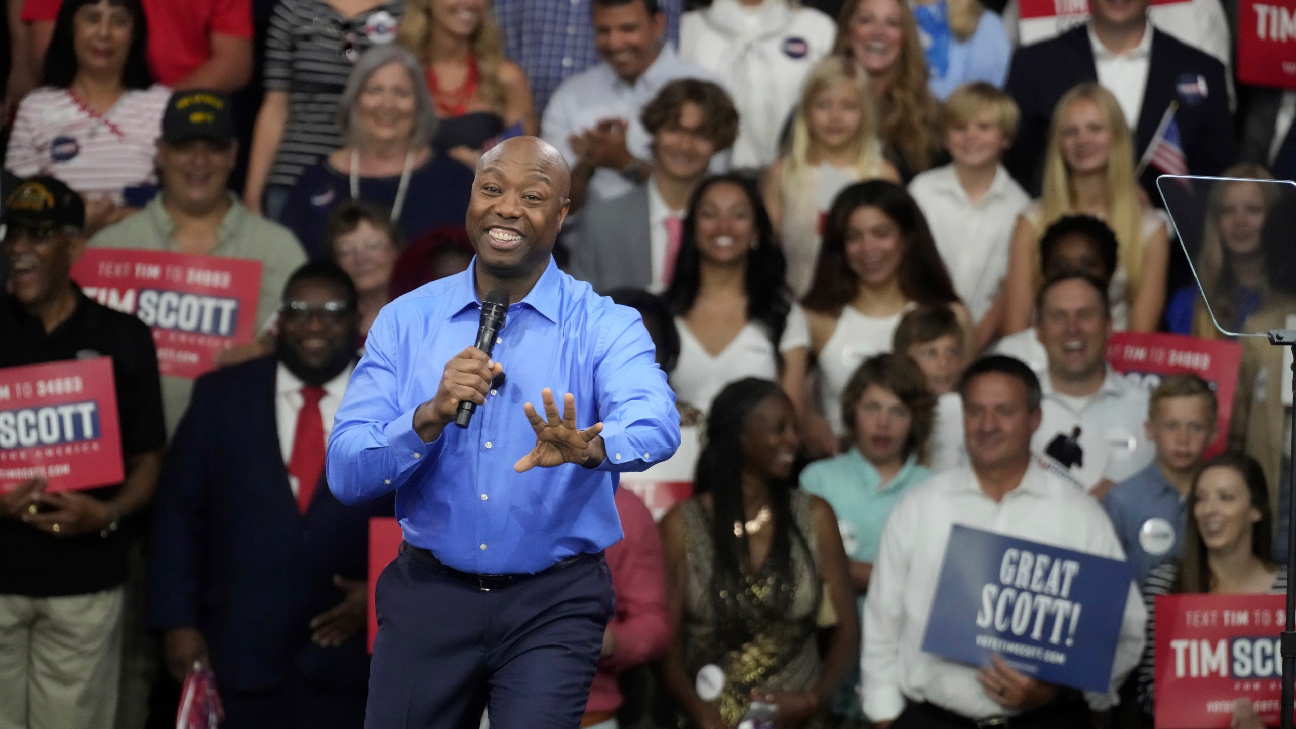 Sen. Tim Scott, R-S.C. Scott gives remarks at his presidential campaign announcement event at his alma mater, Charleston Southern University, on Monday, May 22, 2023, in North Charleston, S.C. Scott formalized his bid last week with federal campaign paperwork. (AP Photo/Meg Kinnard)