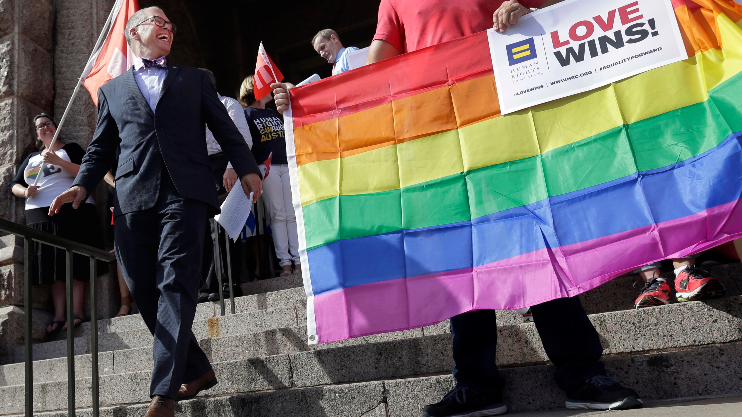 FILE - Jim Obergefell, the named plaintiff in the Obergefell v. Hodges Supreme Court case that legalized same sex marriage nationwide, arrives for a news conference on the steps of the Texas Capitol, June 29, 2015, in Austin, Texas. The start of June marks the beginning of Pride month around the U.S. and some parts of the world, celebrating the lives and experiences of LGBTQ+ communities as well as raising awareness about ongoing struggles and pushing back against efforts to roll back civil rights gains that have been made. (AP Photo/Eric Gay, File)