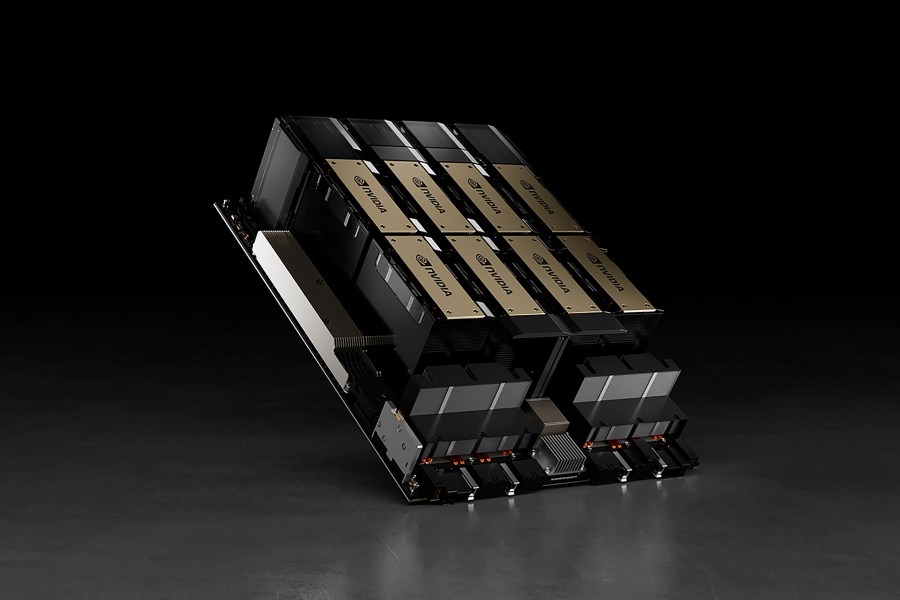 This photo provided by the chipmaker Nvidia shows the company’s HGX H100 module, which can use as many as eight AI chips to train artificial intelligence systems and perform other tasks. Such AI chips are tiny slivers of silicon designed to simplify and speed up the development of artificial intelligence systems such as ChatGPT, making them one of the hottest items in technology. (Nvidia via AP)