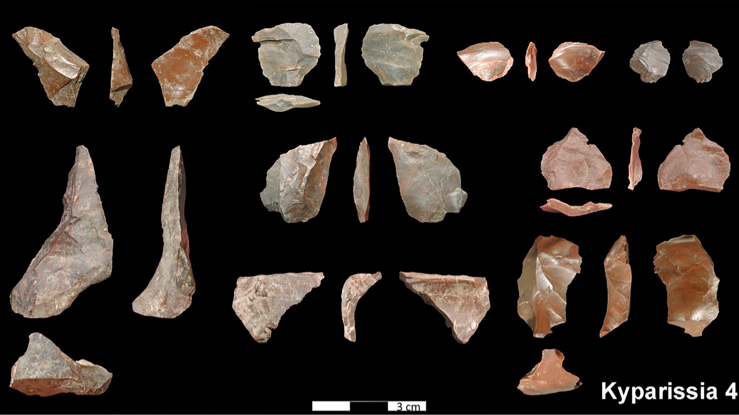 In this undated photo provided by the Greek Culture Ministry, on Thursday, June 1, 2023 shows stone tools dated about 700,000 years ago. The Culture Ministry said that a five-year international project in Megalopolis, southern Greece, has uncovered the oldest-known archaeological site in the country, pushing back the dawn of Greek archaeology by up to 250,000 years. (Greek Culture Ministry via AP)