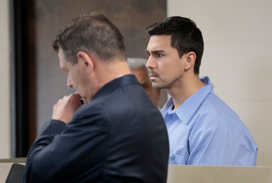 Matthew Nilo is arraigned on rape charges stemming from assaults in Charlestown, in 2007 and 2008 in Suffolk Superior Court in Boston, Monday, June 5, 2023. His attorney, Joseph Cataldo is at left. (Pat Greenhouse/The Boston Globe via AP, Pool)