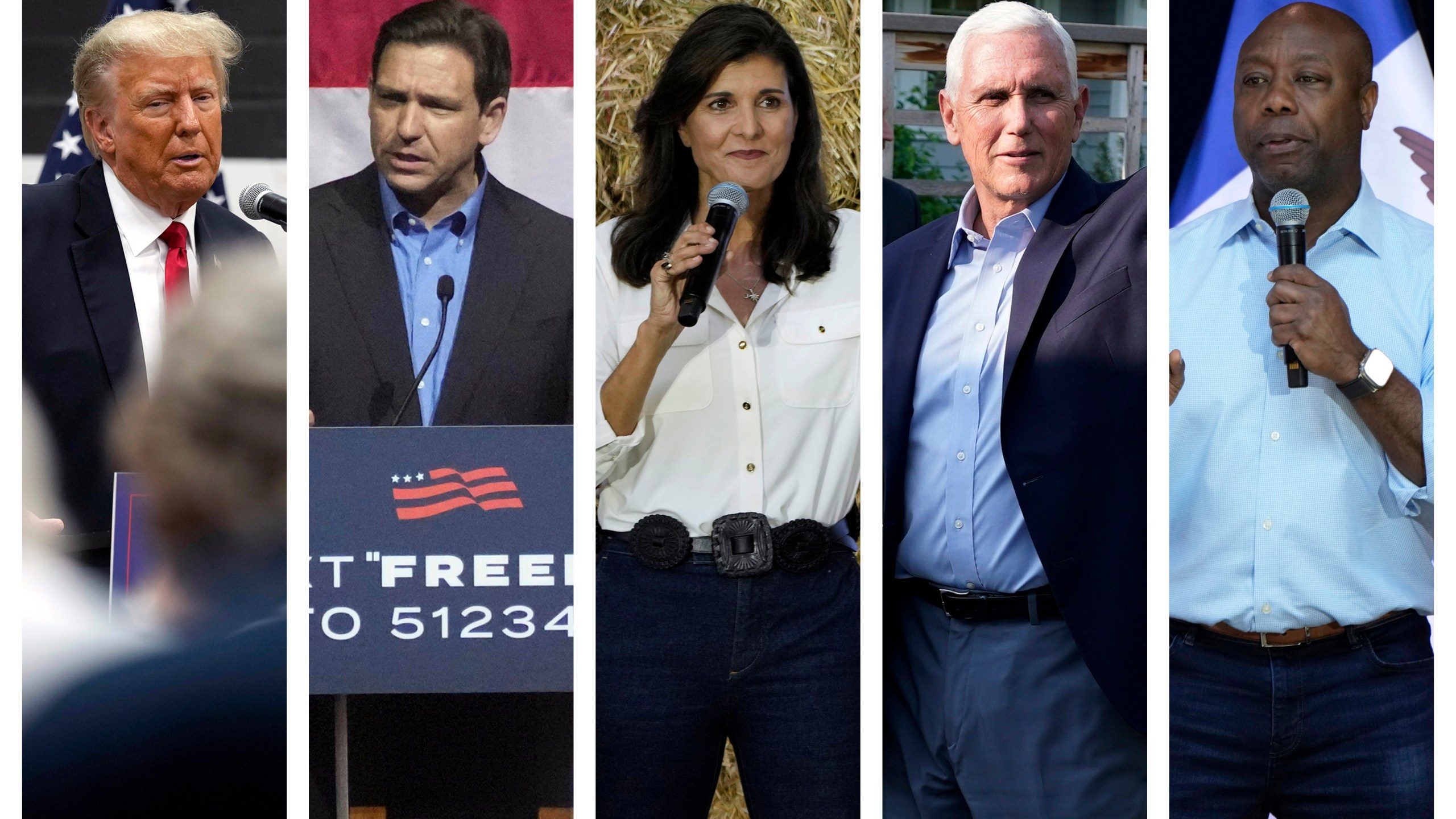 This combination of 2023 photos shows, from left, former President Donald Trump, Florida Gov. Ron DeSantis, former U.N. Ambassador Nikki Haley, former Vice President Mike Pence and South Carolina Sen. Tim Scott. “There is a segment of the white evangelical populace, they’re looking for a way to distance themselves with the deal with the devil they made in 2016" in supporting Trump, said the Rev. Joel Bowman Sr. of Louisville, Kentucky, who was among several Black pastors who left the SBC in 2021 in dismay over what they saw as a racial backlash in a denomination that had once formally repented of its forebears' racism. (AP Photo/Charlie Neibergall, Meg Kinnard)