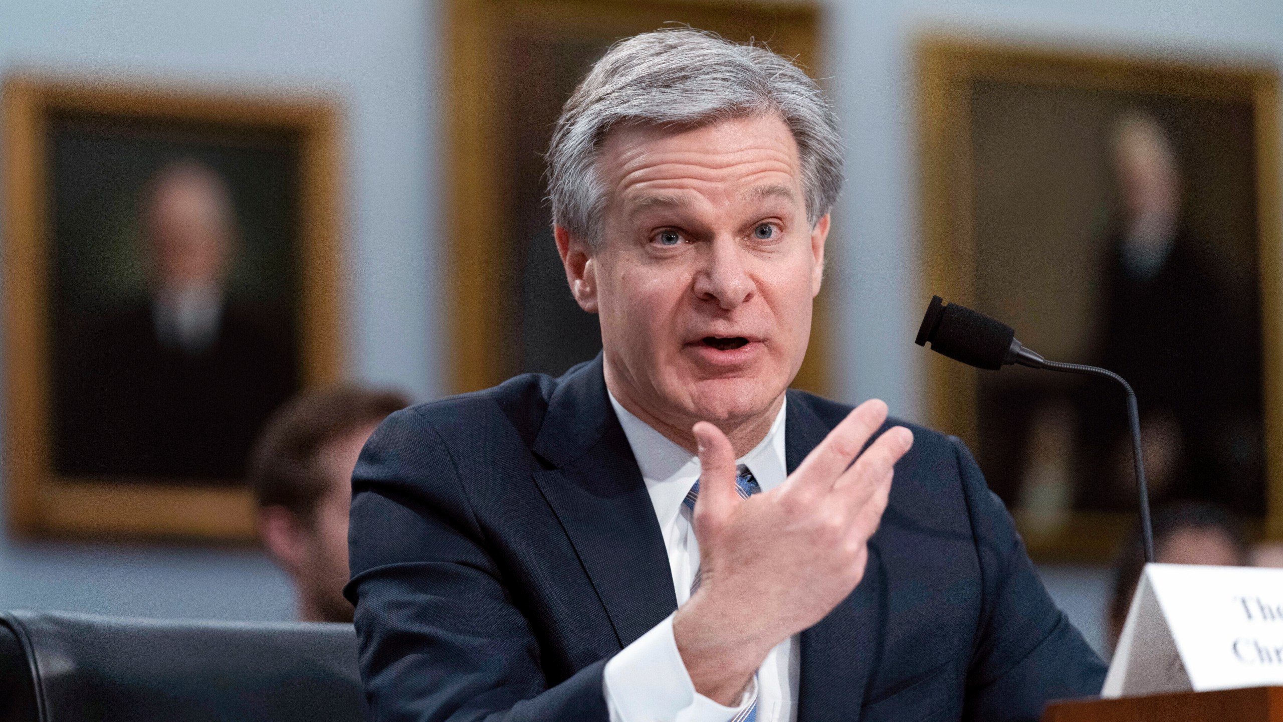 FILE - FBI Director Christopher Wray testifies before the House Appropriations subcommittee Commerce, Justice, Science, and Related Agencies budget hearing for Fiscal Year 2024, on Capitol Hill in Washington, April 27, 2023. (AP Photo/Jose Luis Magana, File)