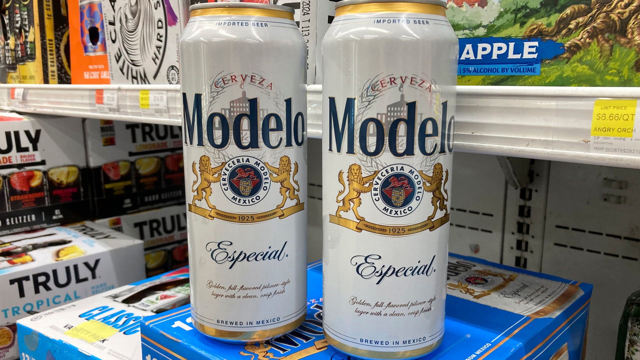 Cans of Modelo Especial beer are shown at a supermarket in New York on Wednesday, June 14, 2023. After more than two decades as America’s best-selling beer, Bud Light has slipped into second place. Modelo Especial, a Mexican lager, overtook Bud Light in U.S. retail dollar sales in the month ending June 3. (AP Photo/Peter Morgan)