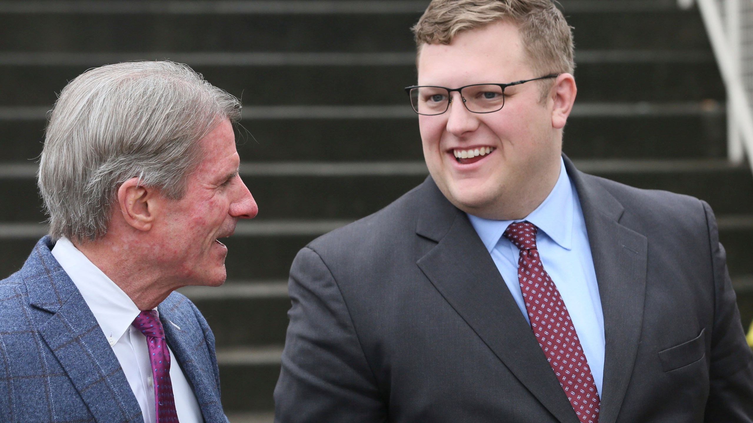 FILE - State Del. Wren Williams, R-Patrick, right, talks with his defense attorney Jimmy Turk after a General District Court hearing in Wytheville, Va., Jan. 4, 2023. (Matt Gentry/The Roanoke Times via AP, File)