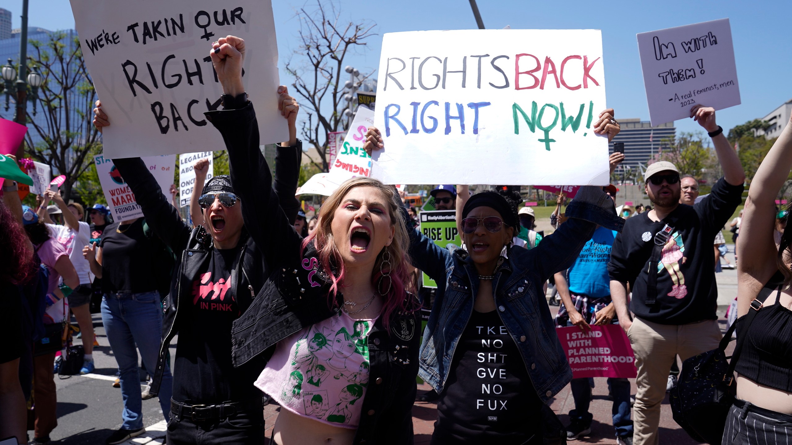 FILE - Supporters cheer up as Vice President Kamala Harris gives remarks at the Women's March in Los Angeles Saturday, April 15, 2023. One year ago, the U.S. Supreme Court rescinded a five-decade-old right to abortion, prompting a seismic shift in debates about politics, values, freedom and fairness. (AP Photo/Damian Dovarganes, File)