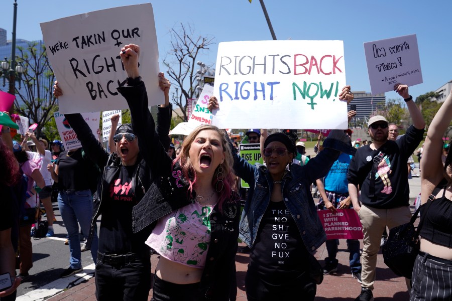 FILE - Supporters cheer up as Vice President Kamala Harris gives remarks at the Women's March in Los Angeles Saturday, April 15, 2023. One year ago, the U.S. Supreme Court rescinded a five-decade-old right to abortion, prompting a seismic shift in debates about politics, values, freedom and fairness. (AP Photo/Damian Dovarganes, File)