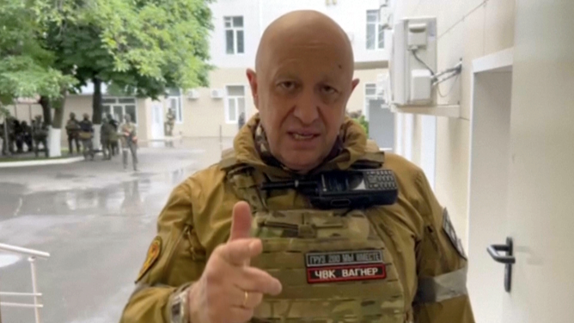 In this handout photo taken from video released by Prigozhin Press Service, Yevgeny Prigozhin, the owner of the Wagner Group military company, records his video addresses in Rostov-on-Don, Russia, Saturday, June 24, 2023. (Prigozhin Press Service via AP)