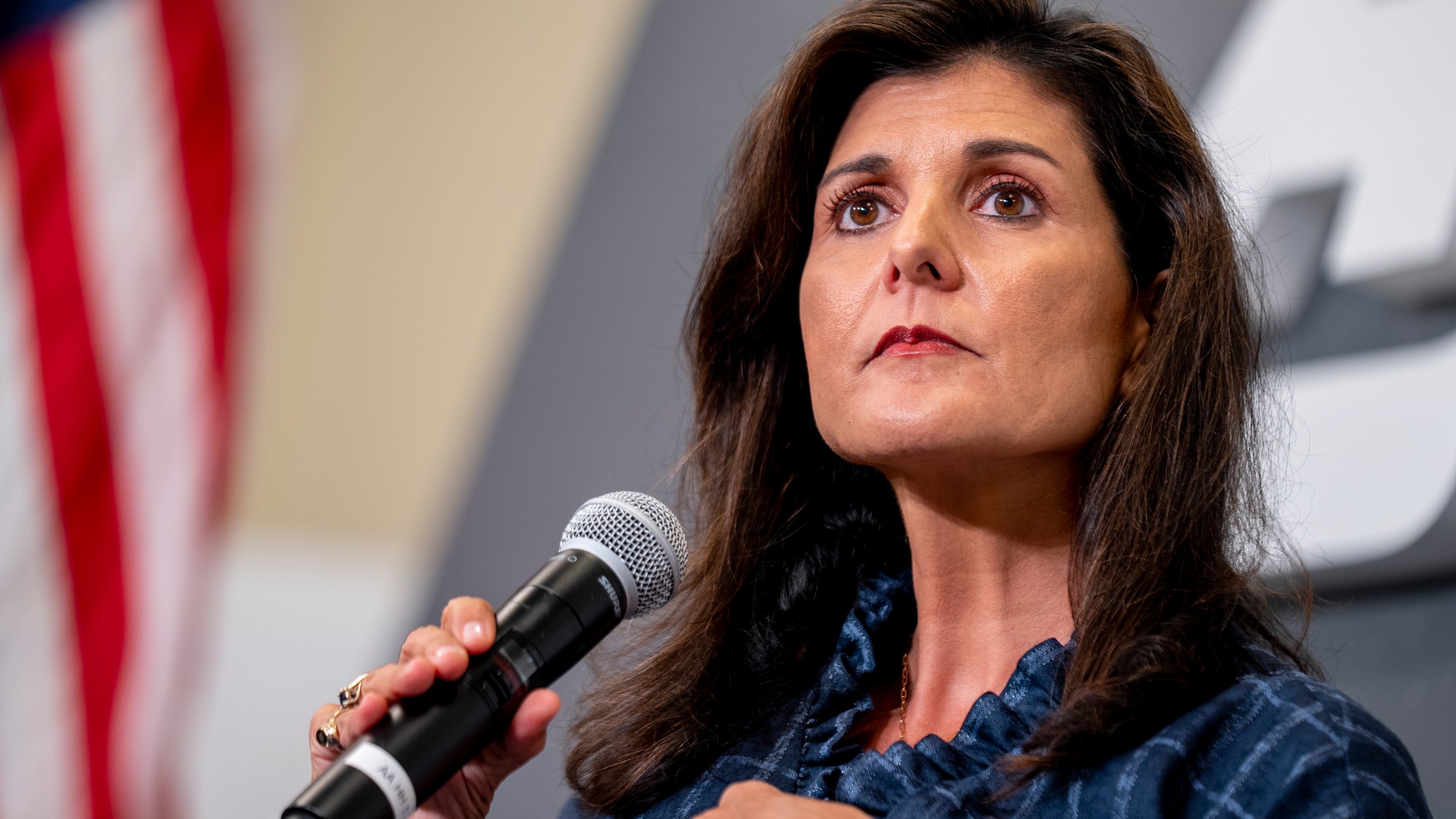 Republican presidential candidate Nikki Haley speaks at American Enterprise Institute, Tuesday, June 27, 2023, in Washington. Haley is criticizing former President Donald Trump for being too friendly to China during his time in office while also warning that weak support for Ukraine would “only encourage” China to invade Taiwan. Haley said in a speech at the American Enterprise Institute on Tuesday that Trump was “almost singularly focused” on the U.S.-China trade relationship but ultimately did “too little about the rest of the Chinese threat.”(AP Photo/Andrew Harnik)