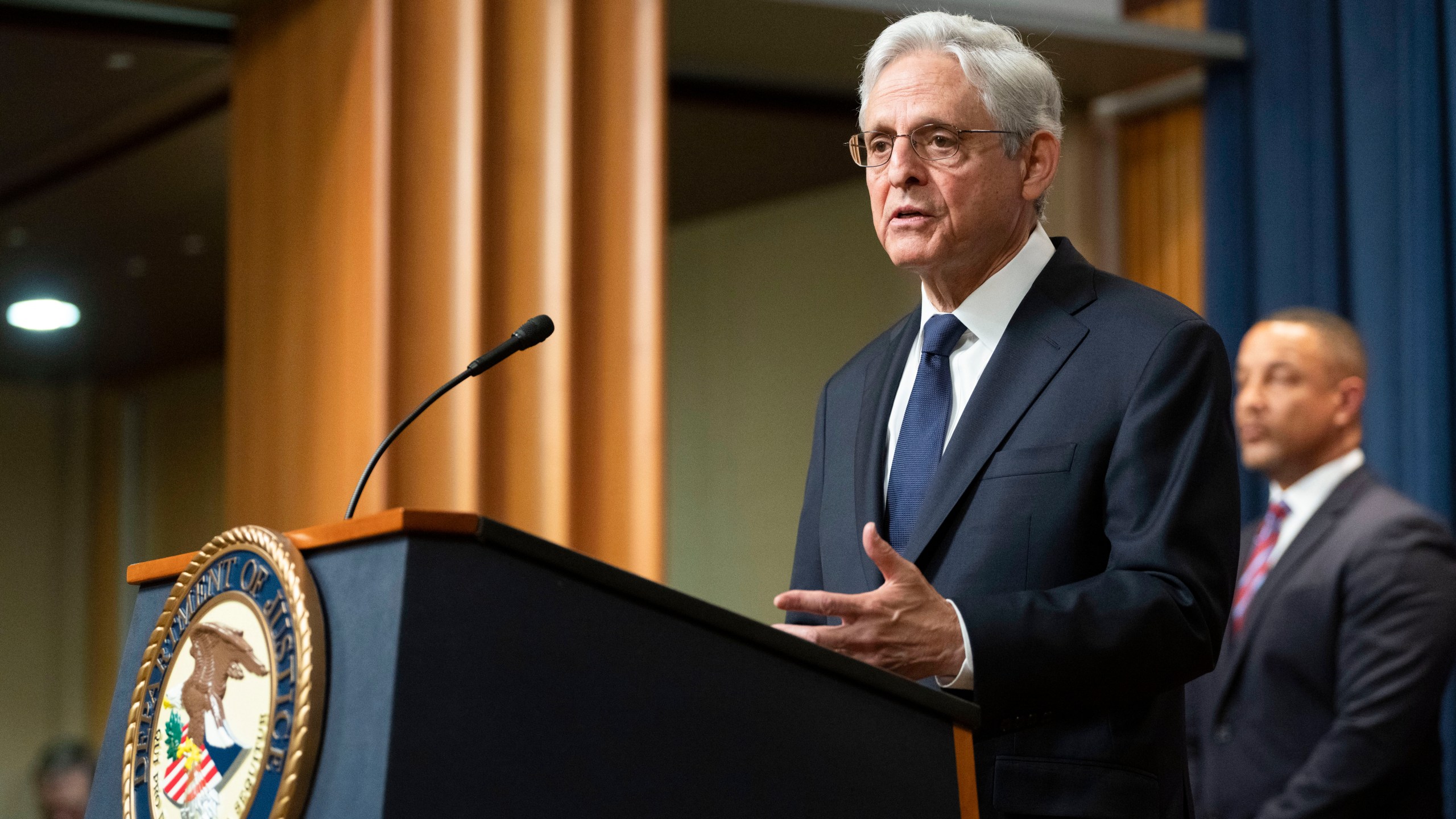 FILE - Attorney General Merrick Garland speaks at a press conference to announce arrests and disruptions of the fentanyl precursor chemical supply chain, June 23, 2023 in Washington. The Justice Department has charged dozens of people in several healthcare fraud and prescription drug schemes, including a massive scheme totaling nearly $1.9 billion and a doctor accused of ordering leg braces for patients who had their limbs amputated, officials said Wednesday. (AP Photo/Kevin Wolf, File)