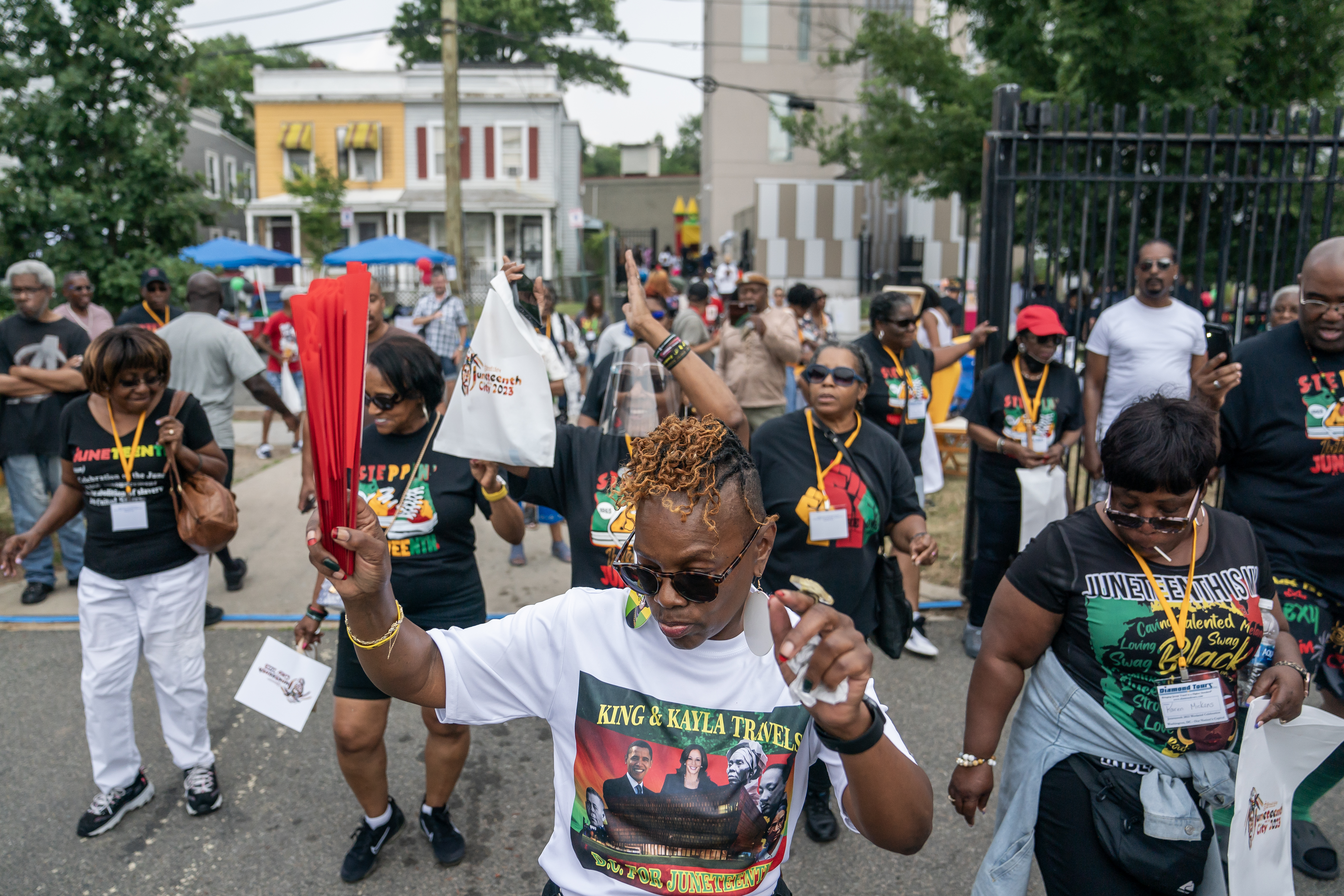 Line dancers perform during a neighborhood Juneteenth festival on June 17, 2023 in Washington, DC.