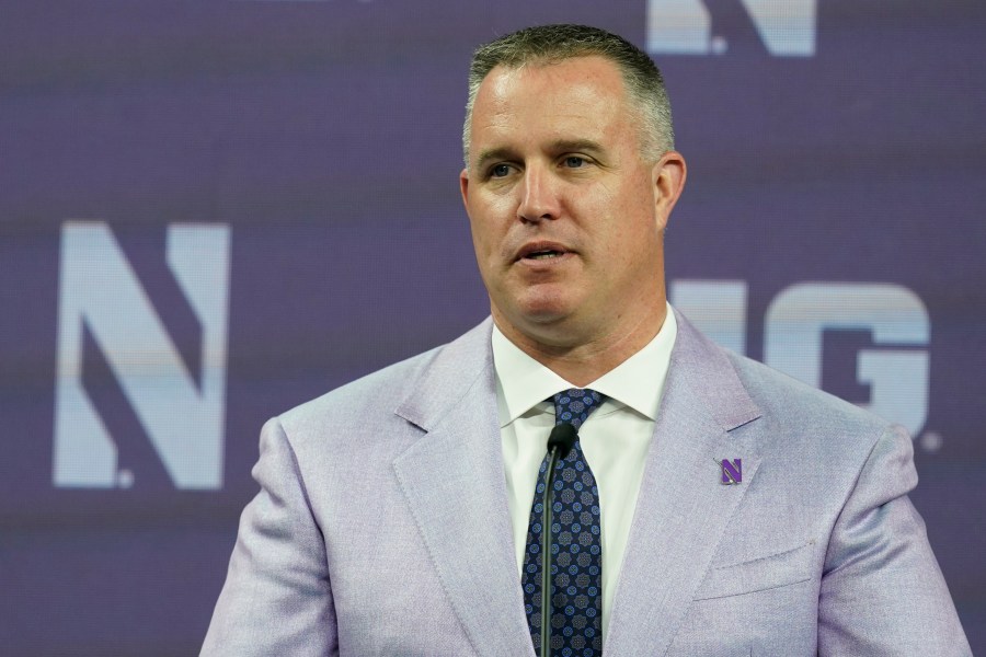 FILE - Northwestern head coach Pat Fitzgerald talks to reporters during an NCAA college football news conference at the Big Ten Conference media days, at Lucas Oil Stadium, Tuesday, July 26, 2022, in Indianapolis. Northwestern has suspended coach Pat Fitzgerald for two weeks without pay following an investigation into alleged hazing within the football program. Fitzgerald started serving his suspension on Friday, July 7, 2023. (AP Photo/Darron Cummings, File)