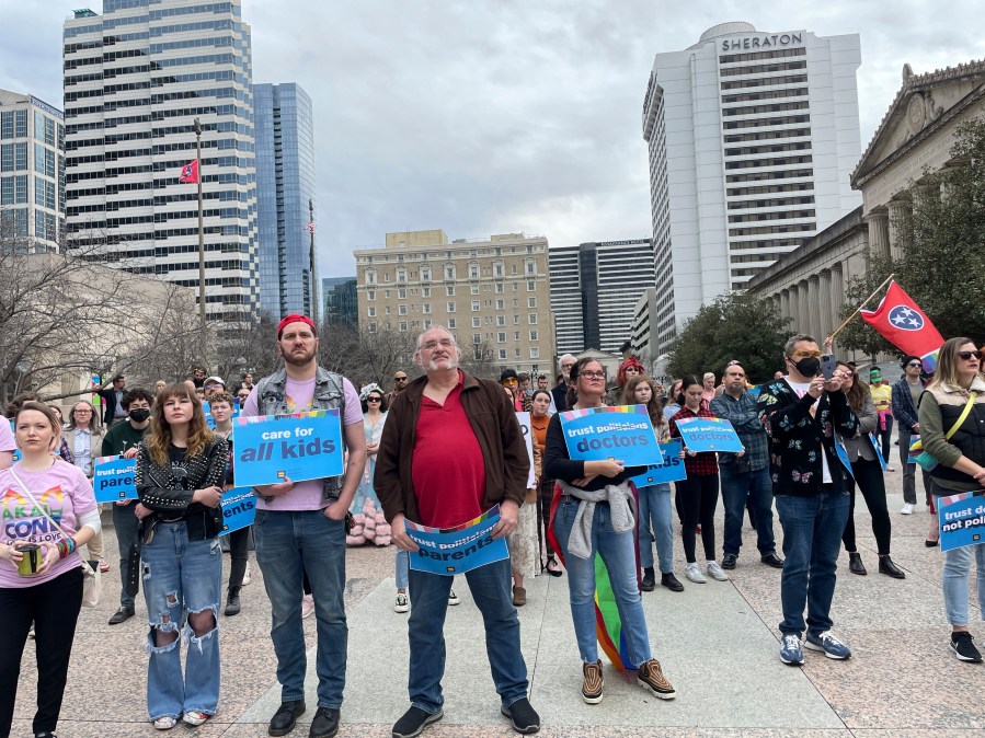 FILE - Advocates gather for a rally at the state Capitol complex in Nashville, Tenn., to oppose a series of bills that target the LGBTQ community, Tuesday, Feb. 14, 2023. A federal appeals court has temporarily reversed a lower court's ruling, Saturday, July 8, that had prohibited Tennessee from enacting a ban on gender-affirming care for transgender youth. T (AP Photo/Jonathan Mattise, File)