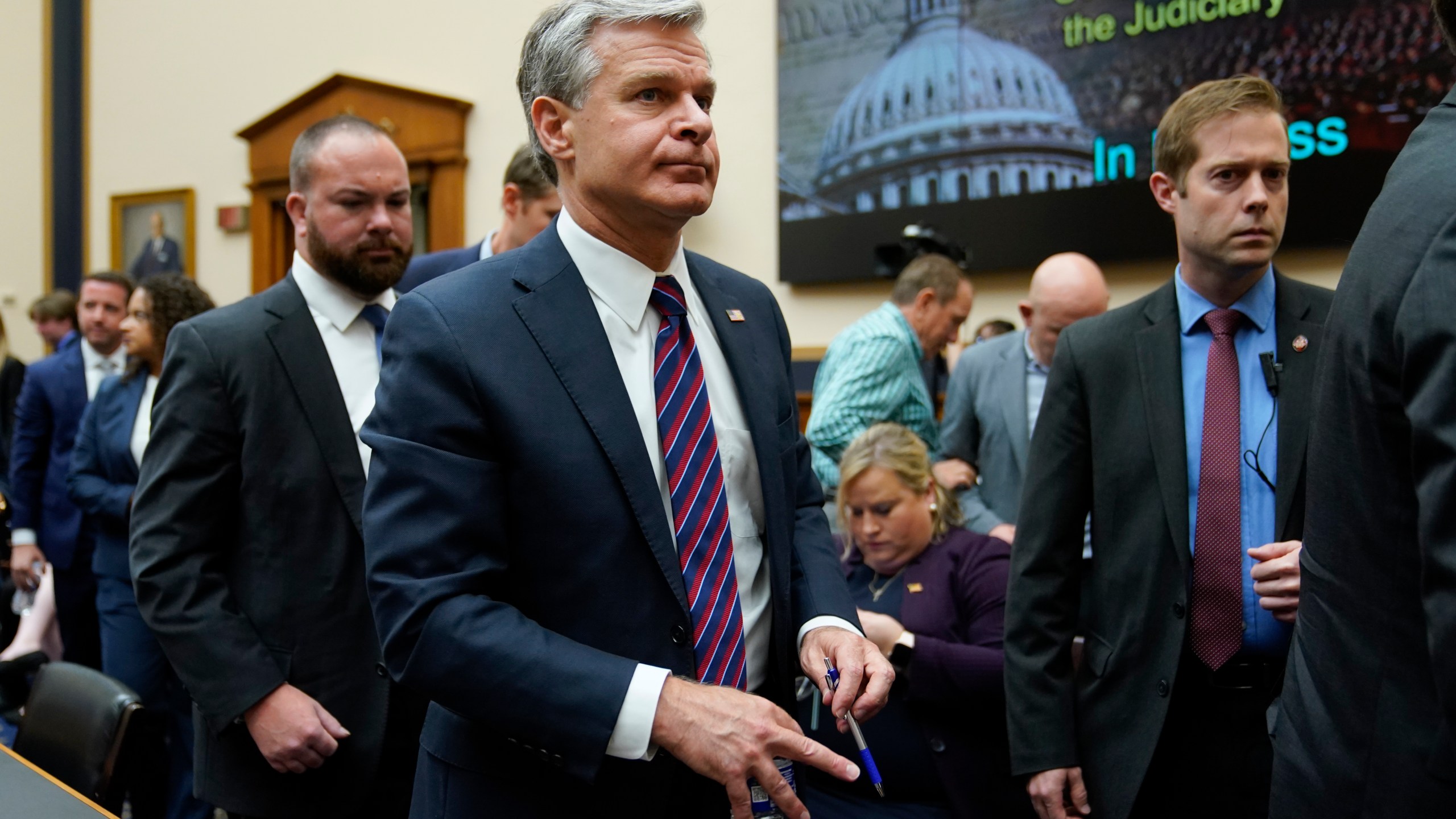 FBI Director Christopher Wray departs during a break in a House Committee on the Judiciary oversight hearing, Wednesday, July 12, 2023, on Capitol Hill in Washington. (AP Photo/Patrick Semansky)