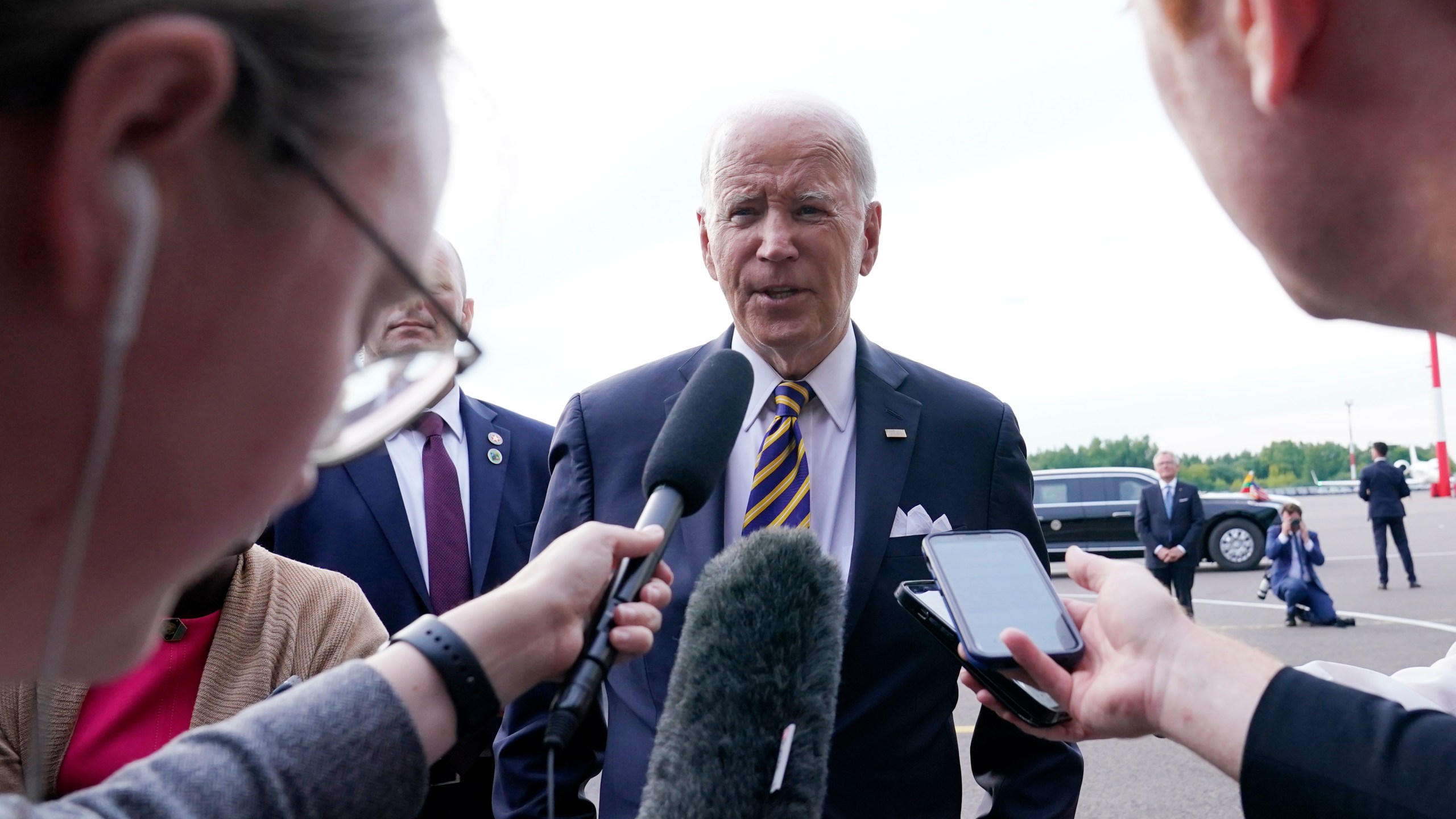 President Joe Biden speaks to the media before boarding Air Force One in Vilnius, Lithuania, Wednesday, July 12, 2023. Biden was attending the NATO Summit and is heading to Helsinki, Finland. (AP Photo/Susan Walsh)