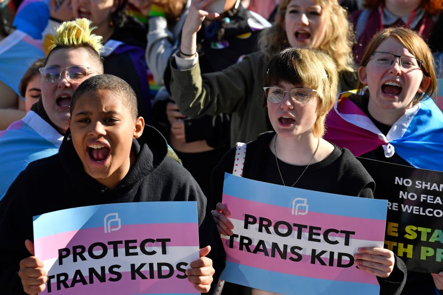 FILE - Protesters of Kentucky Senate Bill SB150, known as the Transgender Health Bill, cheer on speakers during a rally on the lawn of the Kentucky Capitol in Frankfort, Ky., March 29, 2023. Kentucky's ban on gender-affirming care for young transgender people was restored Friday, July 14, when a federal judge lifted an injunction he issued the previous month that had temporarily blocked the restrictions. (AP Photo/Timothy D. Easley, File)