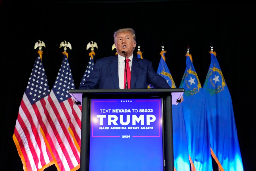 FILE - Former President Donald Trump speaks at a campaign event, July 8, 2023, in Las Vegas. He's been indicted twice. Found liable for sexual abuse. And is viewed unfavorably by more than a third of his party. But six months before Republican voters begin to cast their ballots in the 2024 primary, Trump remains the GOP race's dominant front-runner. (AP Photo/John Locher)