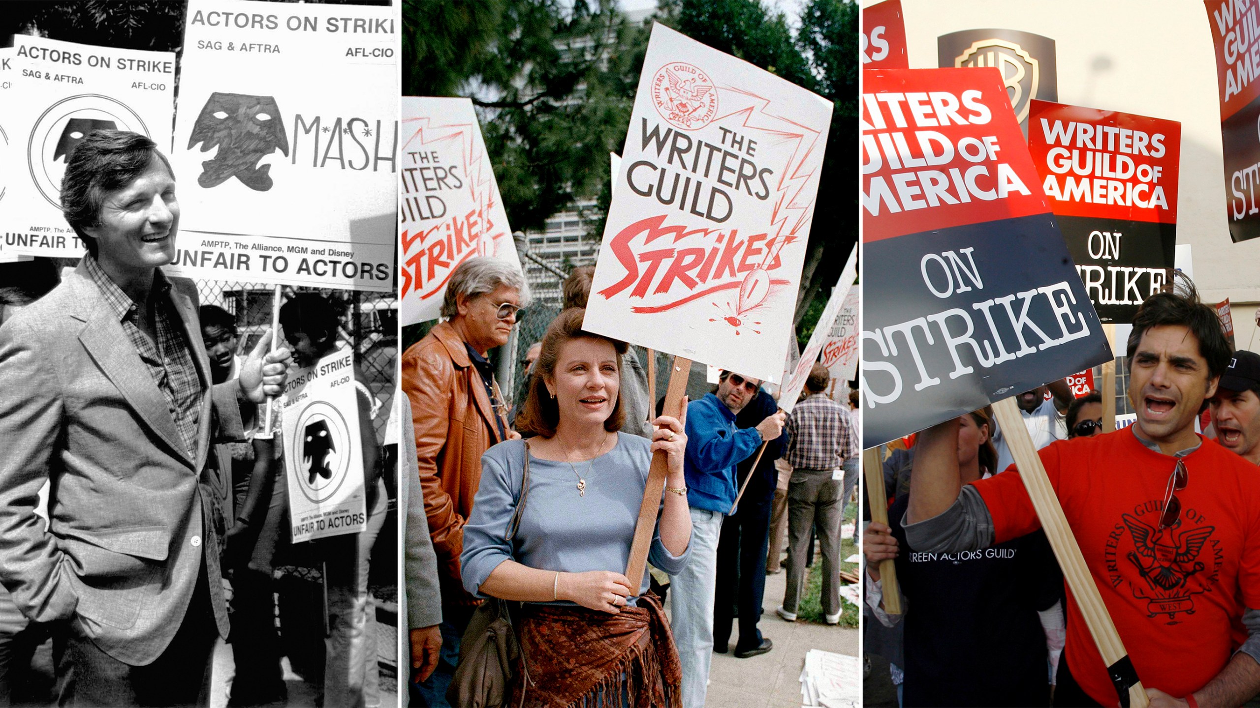 This combination of photos shows, from left, actor Alan Alda from the series "M*A*S*H*" picketing Twentieth-Century Fox studios in Los Angeles, Aug. 6, 1980, actor Patty Duke with striking writers on the picket line at 20th Century Fox Studios in Los Angeles on March 8, 1988, and actor John Stamos, a cast member on "the medical drama ER," supports members of the Writers Guild of America, as they strike outside the Warner Bros. Television Studios in Los Angeles on Nov. 6, 2007. (AP Photo)