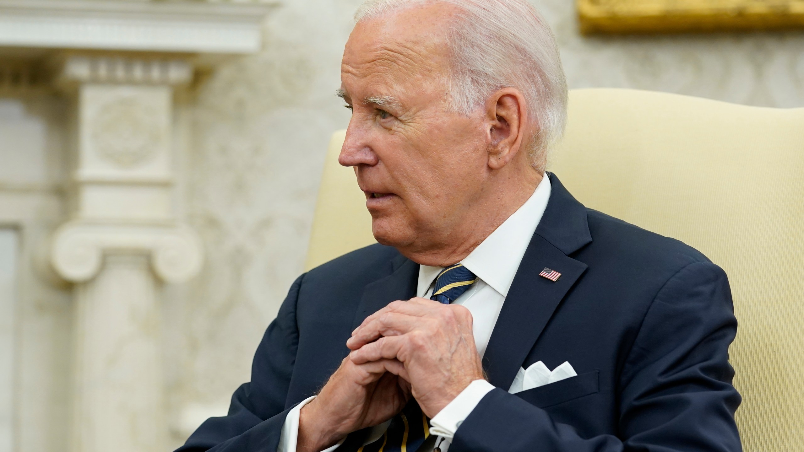 President Joe Biden looks to Israel's President Isaac Herzog as they meet in the Oval Office of the White House in Washington, Tuesday, July 18, 2023. (AP Photo/Susan Walsh)