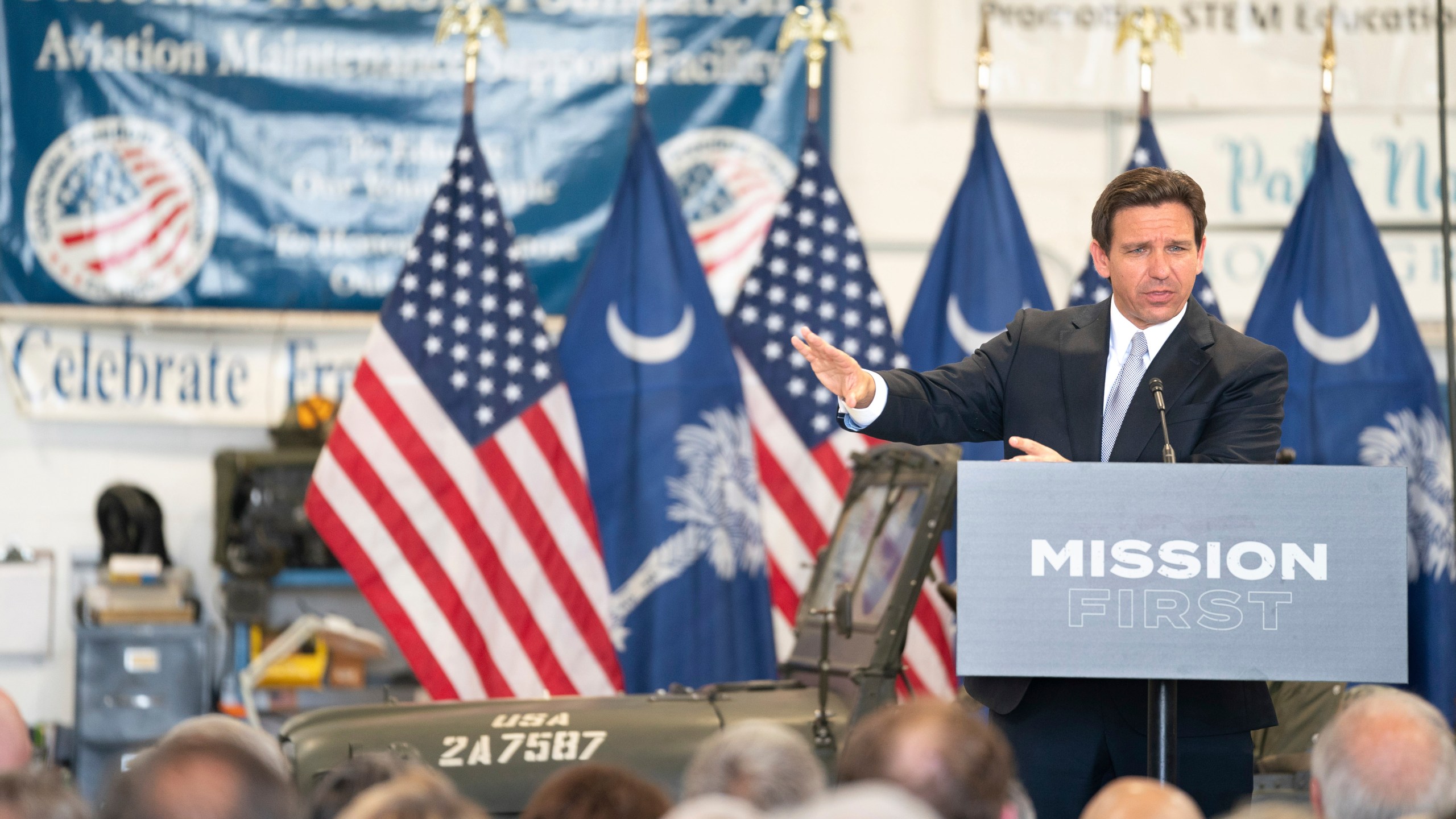 Florida Gov. and Republican presidential candidate Ron DeSantis speaks during a press conference at the Celebrate Freedom Foundation Hangar in West Columbia, S.C. Tuesday, July 18, 2023. DeSantis visited South Carolina to file his 2024 candidacy for president. (AP Photo/Sean Rayford)