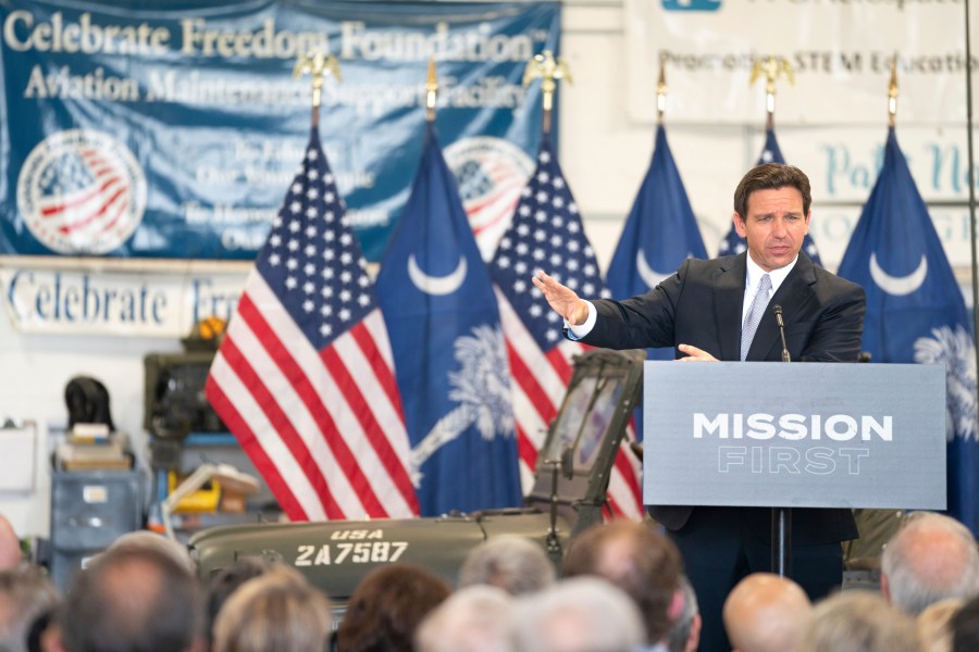 Florida Gov. and Republican presidential candidate Ron DeSantis speaks during a press conference at the Celebrate Freedom Foundation Hangar in West Columbia, S.C. Tuesday, July 18, 2023. DeSantis visited South Carolina to file his 2024 candidacy for president. (AP Photo/Sean Rayford)