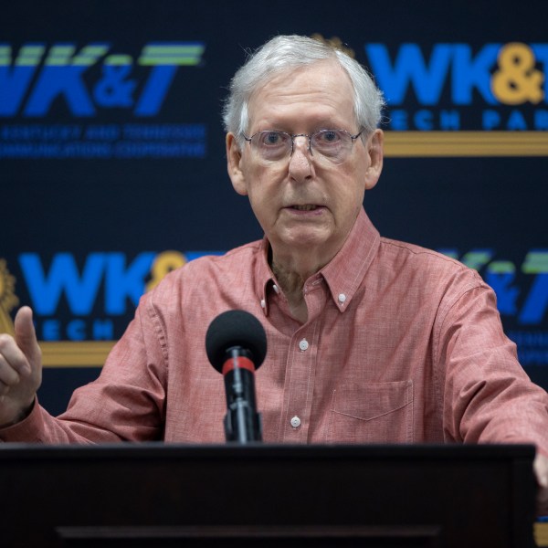 Senate Minority Leader Mitch McConnell, R-Ky., speaks at the Graves County Republican Party Breakfast at WK&T Technology Park in Mayfield, Ky., on Saturday, Aug. 5, 2023. (Ryan C. Hermens/Lexington Herald-Leader via AP)