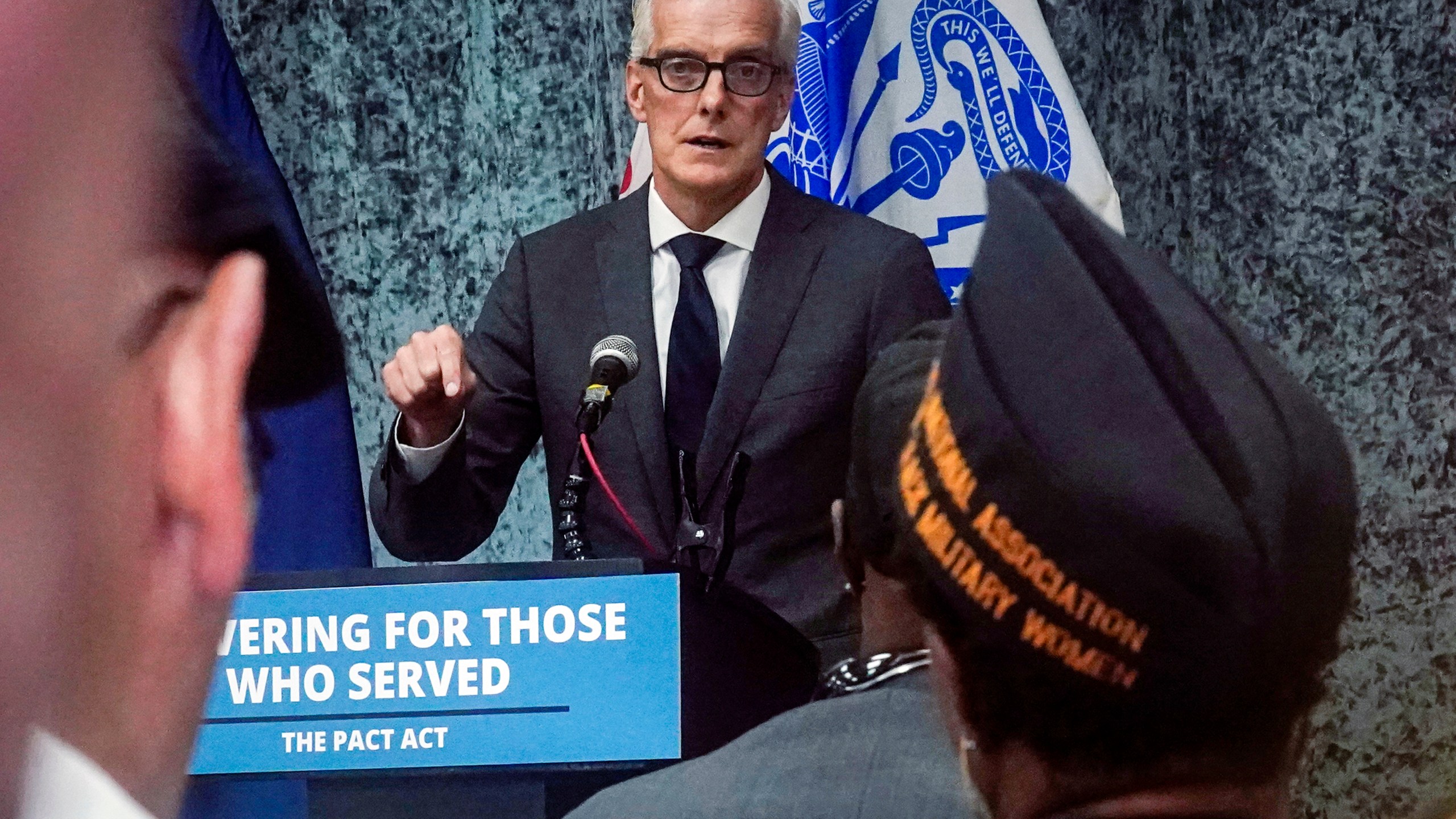 FILE - Veterans Affairs Secretary Denis McDonough speaks during a resource fair for veterans and survivors to apply for benefits under the PACT Act, Aug. 2, 2023, in New York. Hundreds of thousands of veterans have received additional benefits in the past year after President Joe Biden signed legislation expanding coverage for conditions connected to burn pits that were used to destroy trash and potentially toxic materials. (AP Photo/Bebeto Matthews, File)