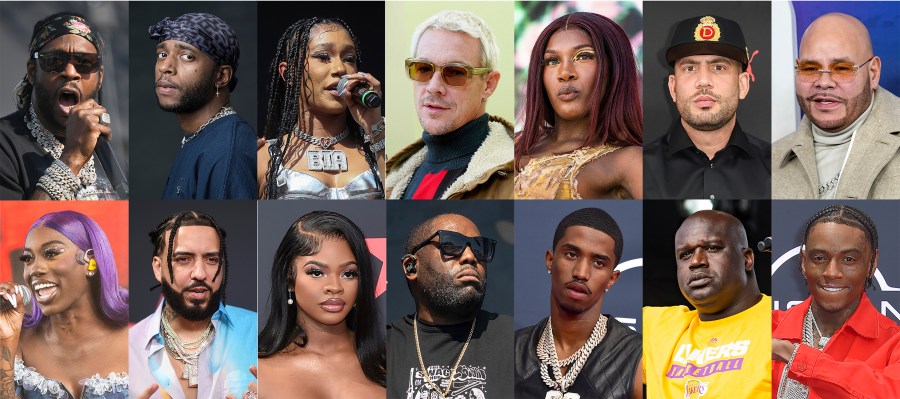 This combination of photos shows, top row from left, 2 Chainz, 6lack, BIA, Diplo, Doechii, DJ Drama and Fat Joe, bottom row from left, Flo Milli, French Montana, JT, Killer Mike, King Combs, Shaq and Soulja Boy. (AP Photo)