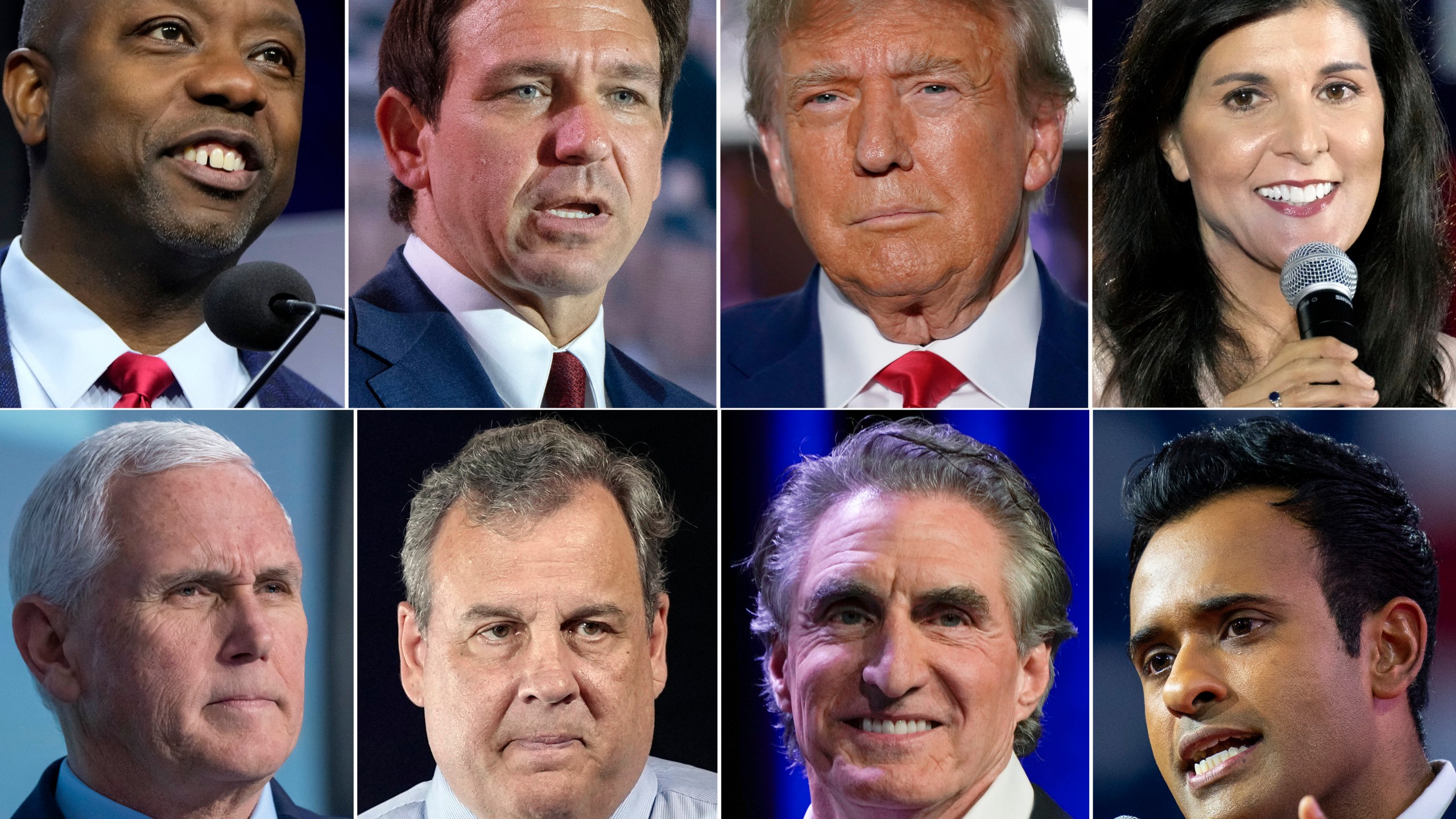 This combination of photos shows Republican presidential candidates, top row from left, Sen. Tim Scott, R-S.C., Florida Gov. Ron DeSantis, former president Donald Trump, and former South Carolina Gov. Nikki Haley, and bottom row from left, former Vice President Mike Pence, former New Jersey Gov. Chris Christie, North Dakota Gov. Doug Burgum and Vivek Ramaswamy. With less than a month to go until the first 2024 Republican presidential debate, eight candidates say they have met the qualifications for a podium slot. But that also means that about half of the broad GOP field is running short on time to make the stage. (AP Photo)