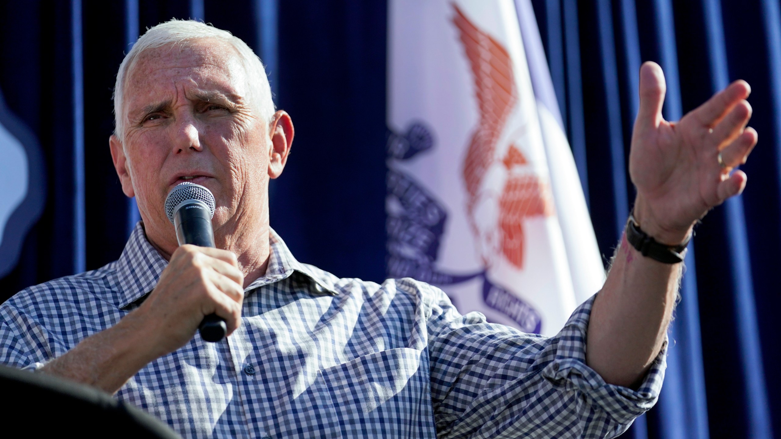 Republican presidential candidate former Vice President Mike Pence speaks during a Fair-Side Chat with Iowa Gov. Kim Reynolds at the Iowa State Fair, Friday, Aug. 11, 2023, in Des Moines, Iowa. (AP Photo/Jeff Roberson)