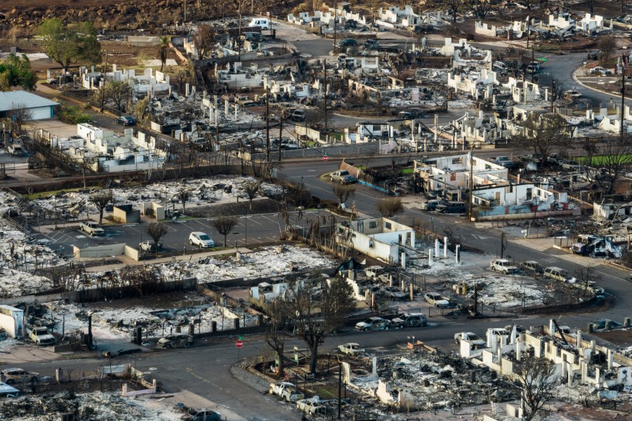 A general view shows the aftermath of a wildfire in Lahaina, Hawaii, Thursday, Aug. 17, 2023. (AP Photo/Jae C. Hong)