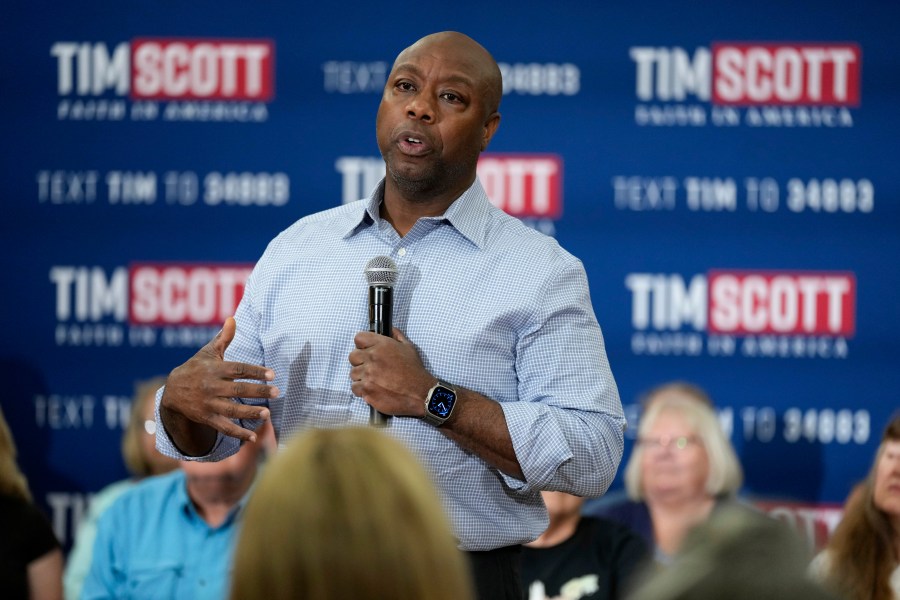 FILE - Republican presidential candidate Sen. Tim Scott, R-S.C., speaks during a town hall meeting, Thursday, Aug. 31, 2023, in Oskaloosa, Iowa. (AP Photo/Charlie Neibergall, File)