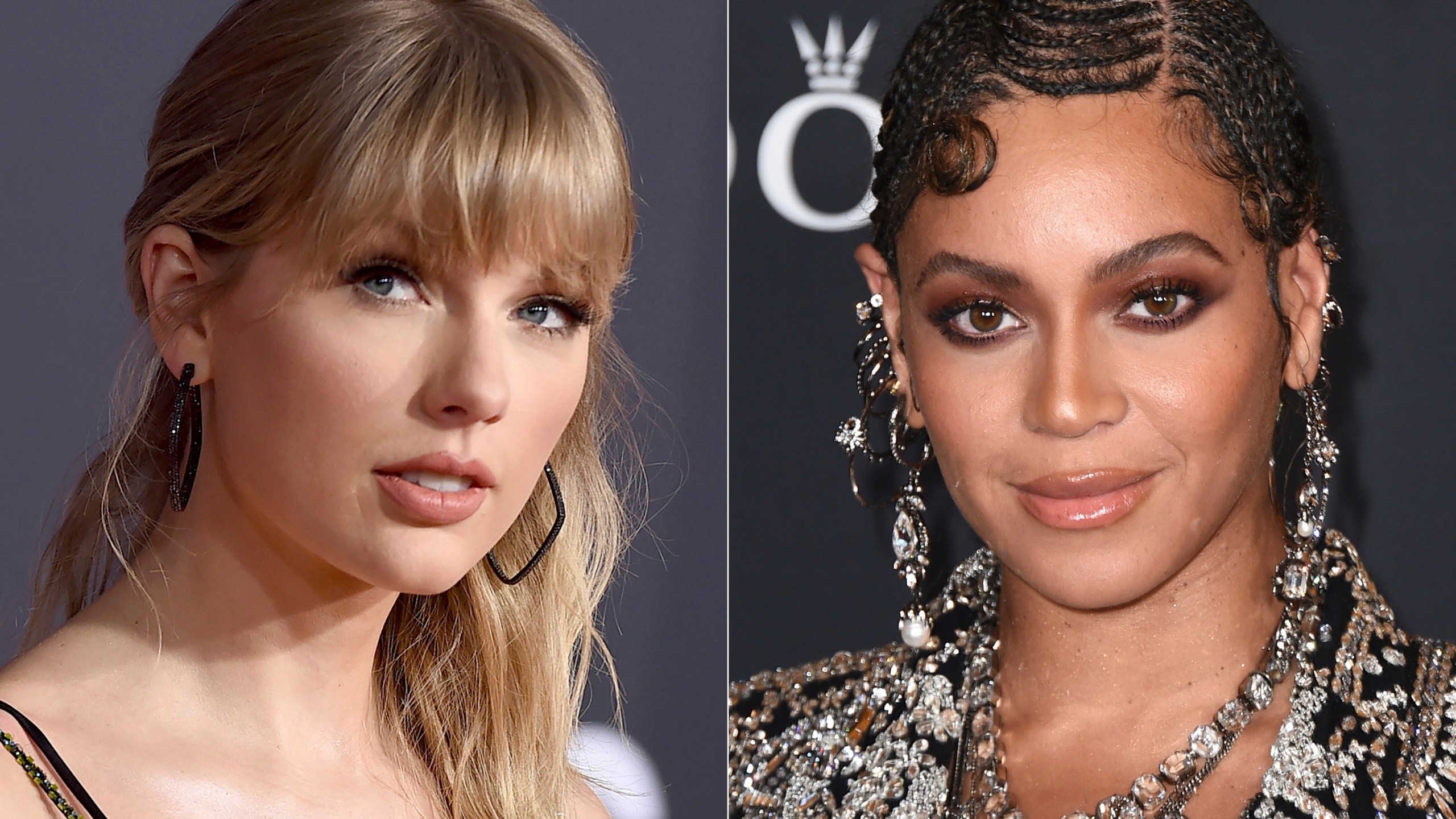 FILE -Taylor Swift appears at the American Music Awards in Los Angeles on Nov. 24, 2019, left, and Beyonce appears at the world premiere of "The Lion King" in Los Angeles on July 9, 2019. Gannett, the United States’ biggest newspaper chain, posted two unusual job listings to its site. On Tuesday, Sept. 12, 2023 they revealed they are hiring a reporter focused on Taylor Swift. On Wednesday, Sept. 13, they shared a posting for a dedicated Beyoncé Knowles-Carter reporter who will be employed through USA Today and The Tennessean, the company's Nashville-based newspaper. (AP Photo/File)