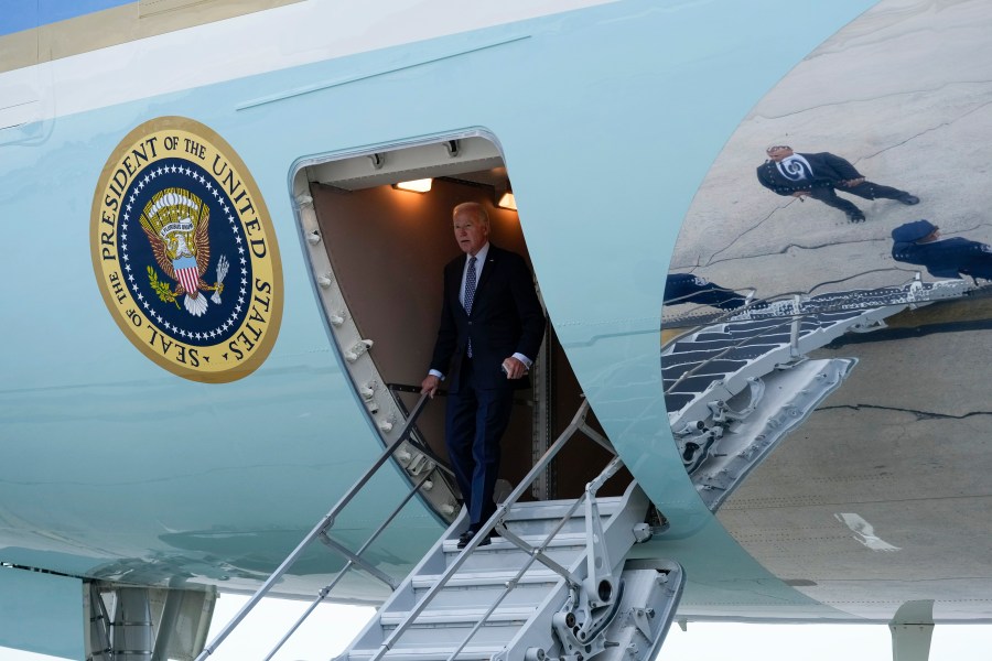 President Joe Biden walks down the steps of Air Force One at John F. Kennedy International Airport in New York, Sunday, Sept. 17, 2023. Biden is in New York to attend the United Nations General Assembly and attend fundraisers. (AP Photo/Susan Walsh)