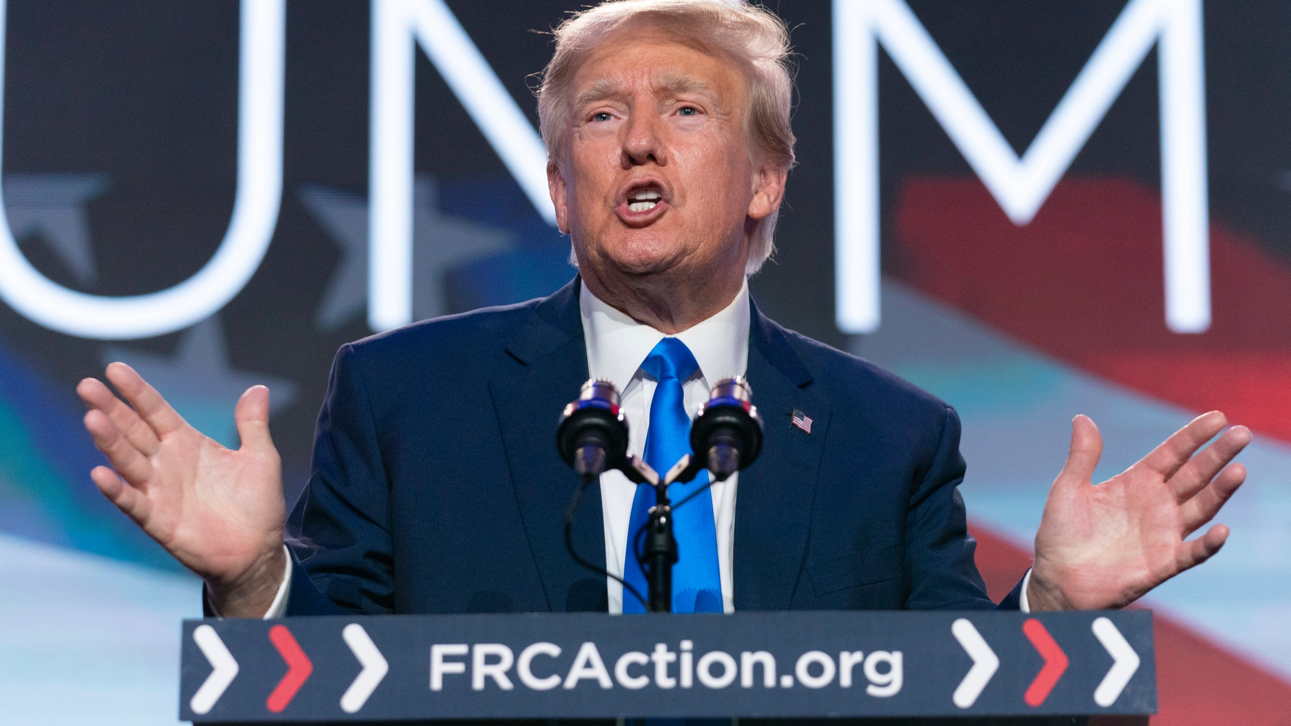 Former President Donald Trump speaks during the Pray Vote Stand Summit, Friday, Sept. 15, 2023, in Washington. (AP Photo/Jose Luis Magana)